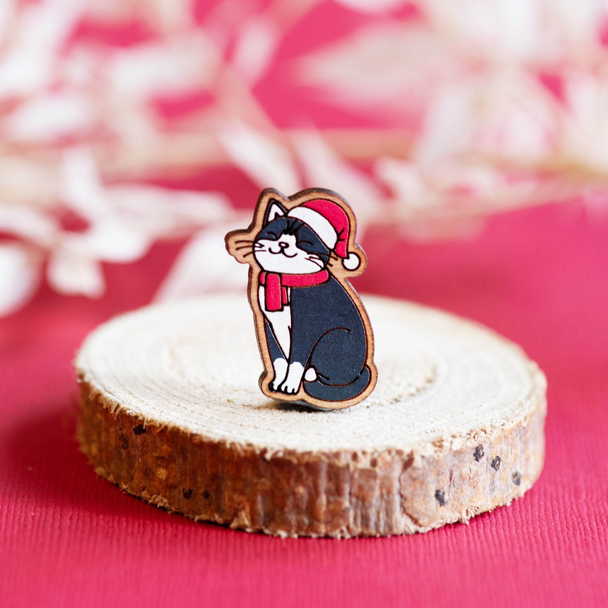 Hand - painted Black Cat with Red Scarf Christmas Cherry Wood Pin Badge - PL40262 - Robin Valley Official Store