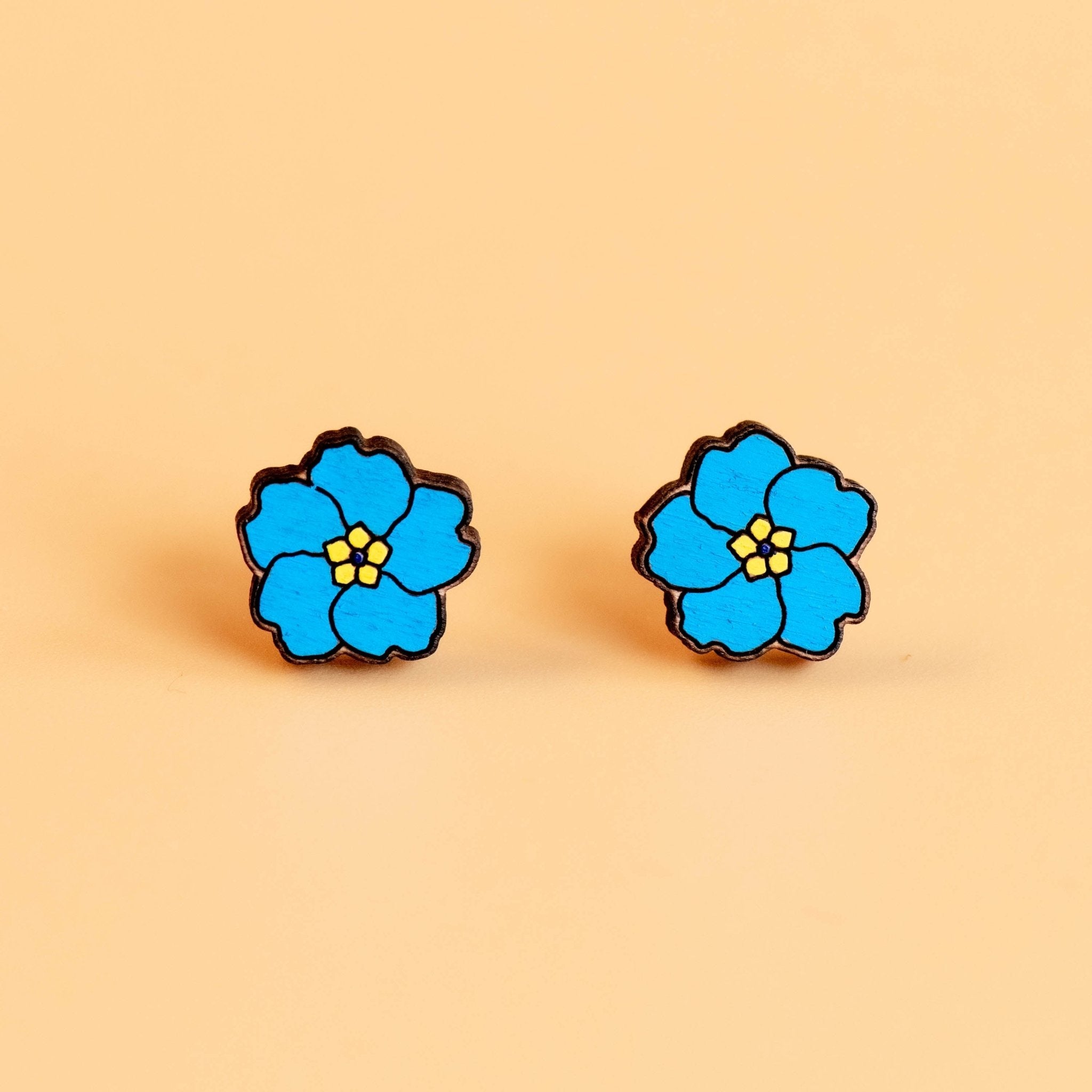 Hand - painted Blue Primrose Flower Wooden Stud Earrings - PEO14072 - Robin Valley Official Store