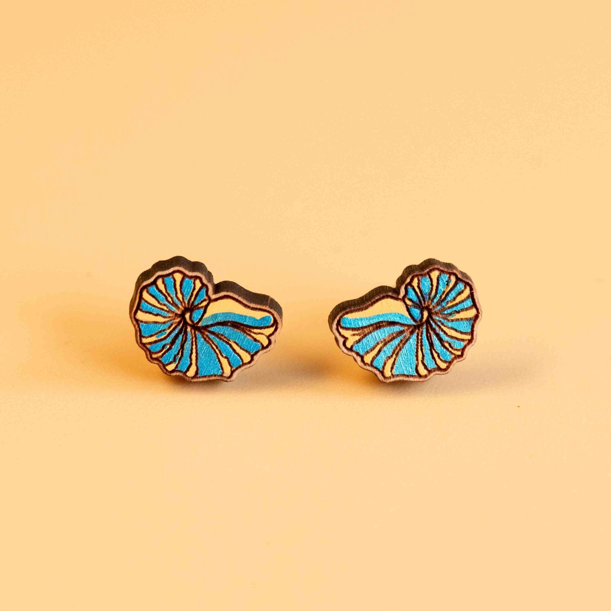 Hand - painted Blue Shell Cherry Wood Stud Earrings - PES13053 - Robin Valley Official Store