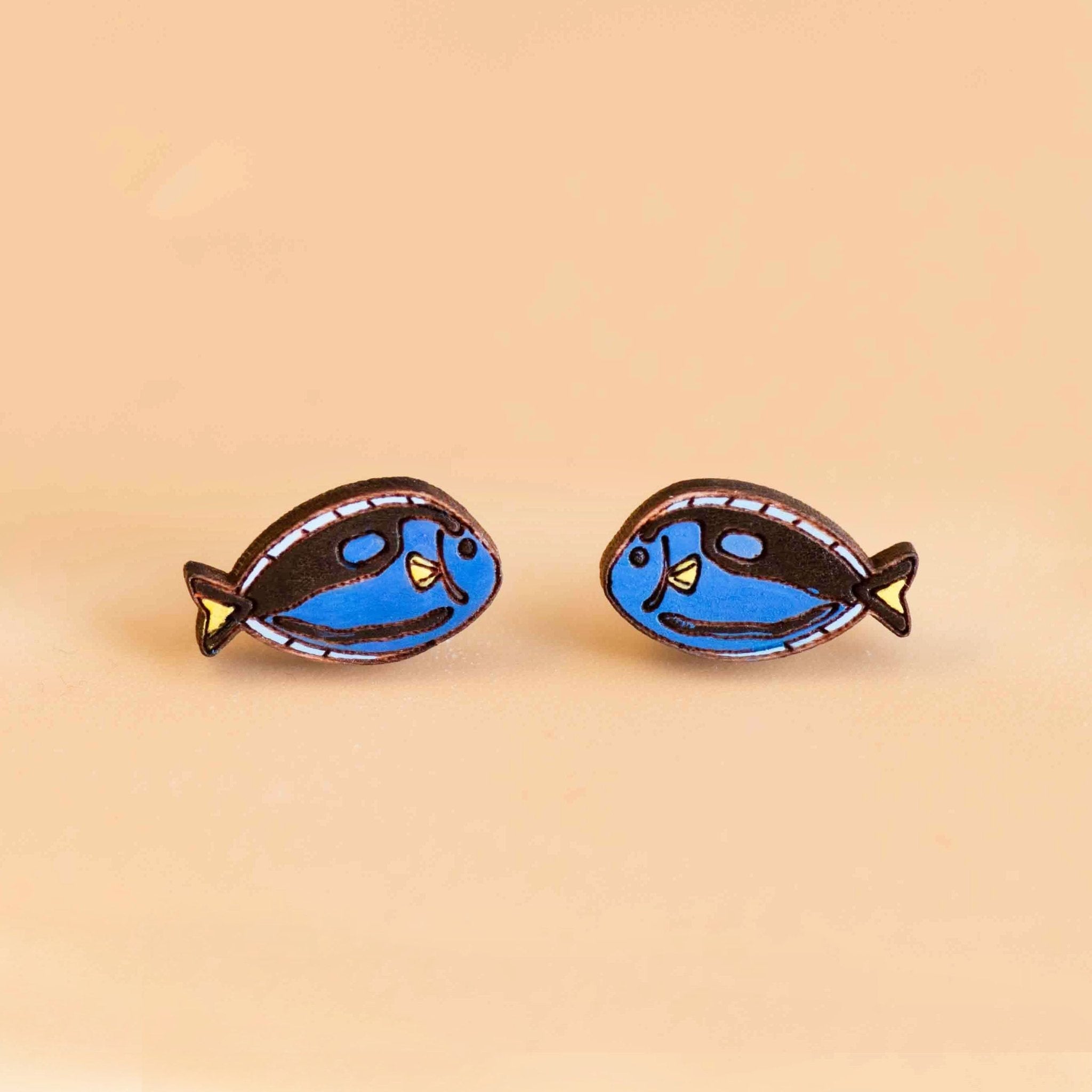 Hand - painted Blue Tang King Fish Wooden Earrings - PES13064 - Robin Valley Official Store
