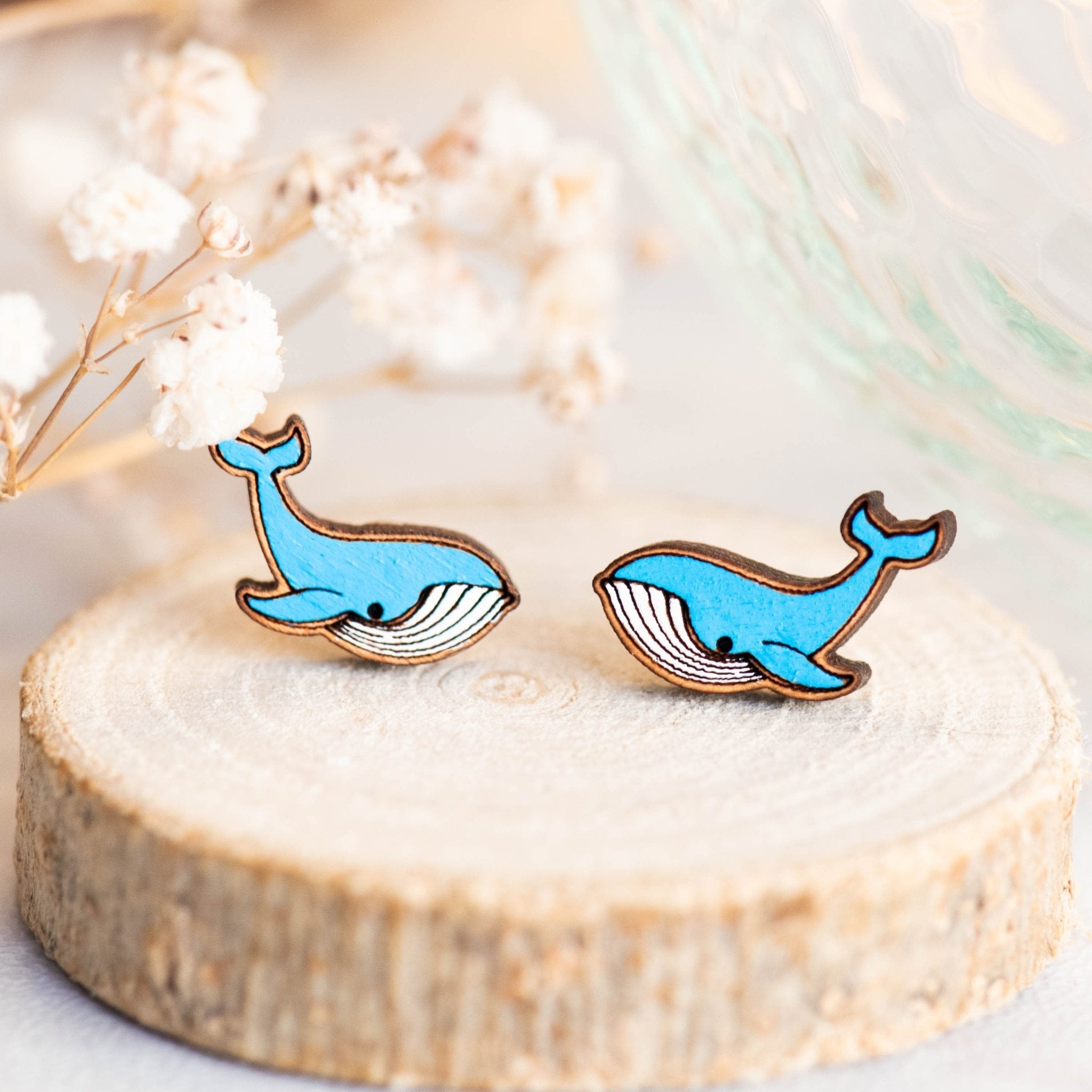 Hand - painted Blue Whale Cherry Wood Stud Earrings - PES13045 - Robin Valley Official Store