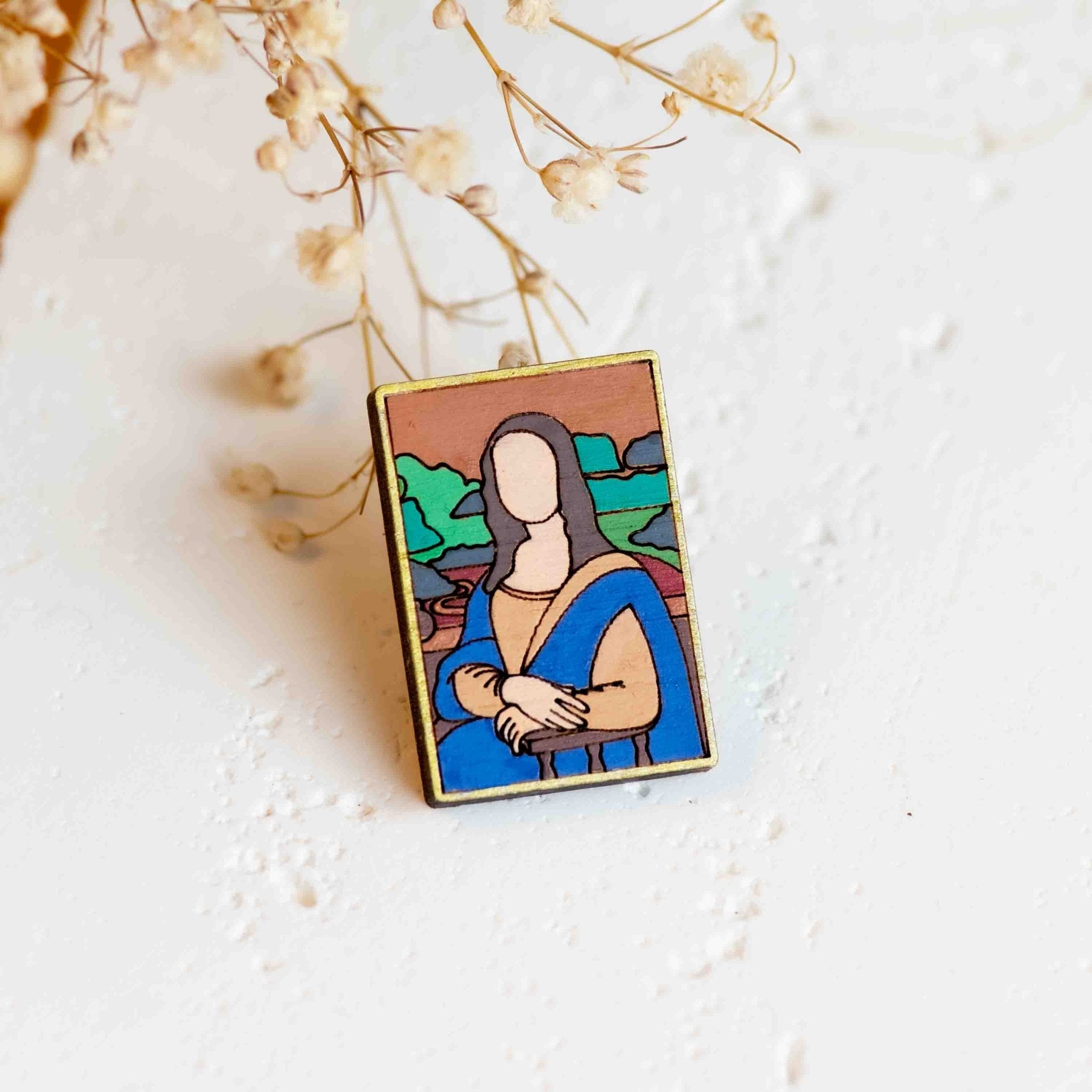 Hand - Painted Cherry Wood Mona Lisa Pin Badge Inspired by Leonardo da Vinci - PO44066 - Robin Valley Official Store