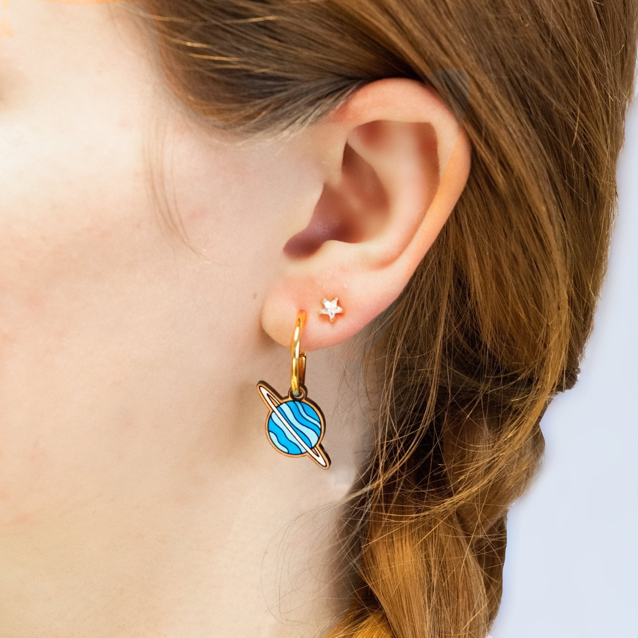 Hand - Painted Cherry Wood Planet Uranus Hoop Earrings - PET15149 - Robin Valley Official Store