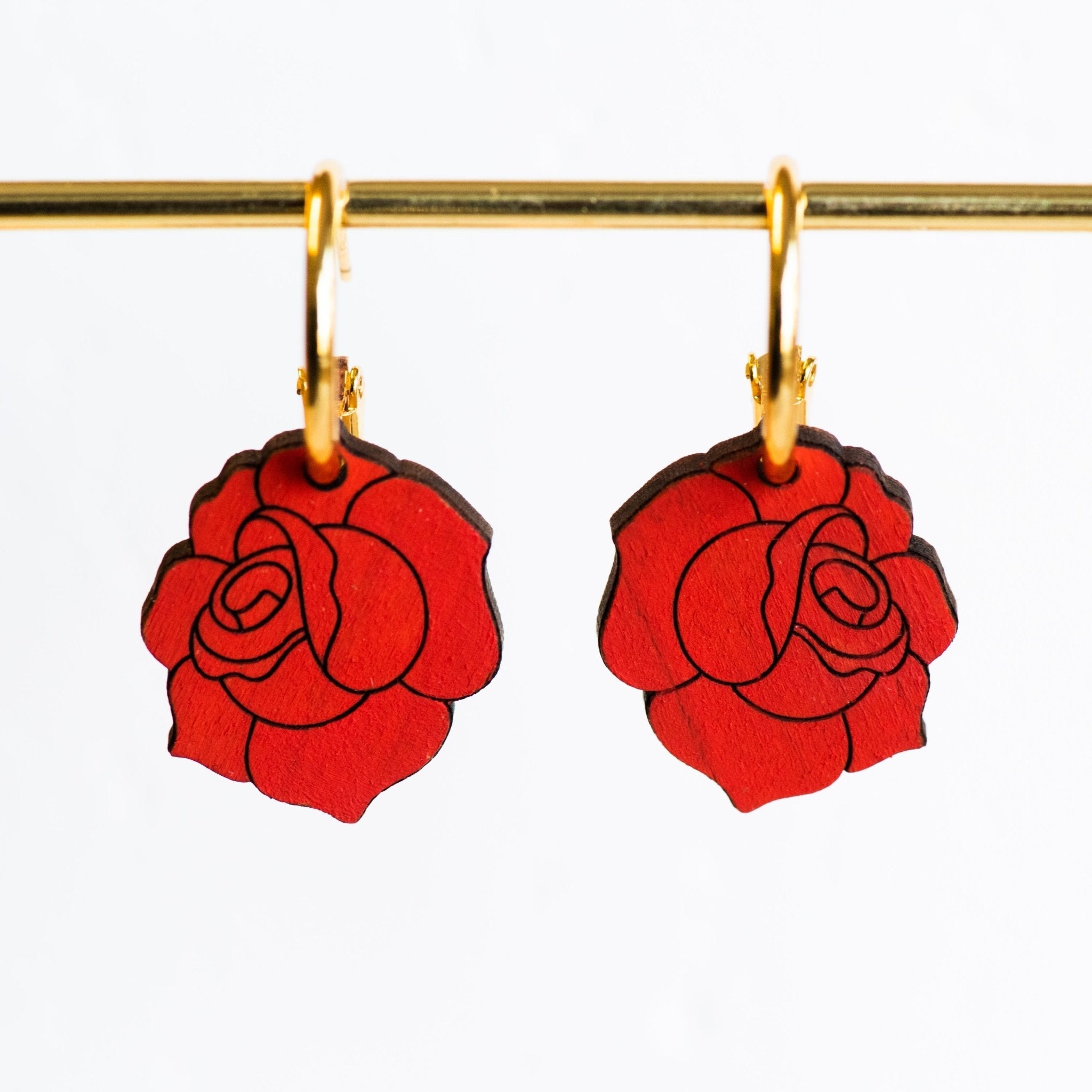 Hand - Painted Cherry Wood Rose Hoop Earrings - PEO14076H - Robin Valley Official Store