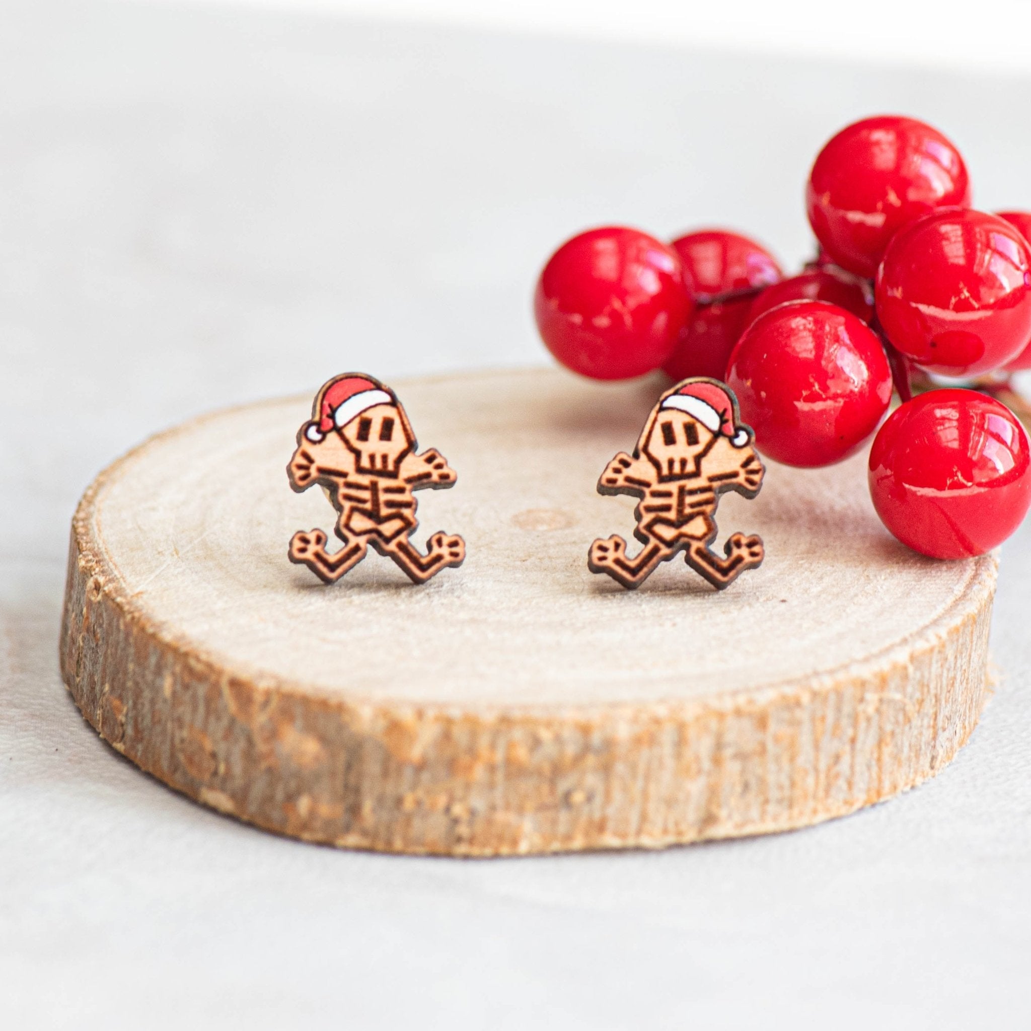 Hand - painted Christmas Dancing Skeleton Wooden Stud Earrings - PET15206 - Robin Valley Official Store