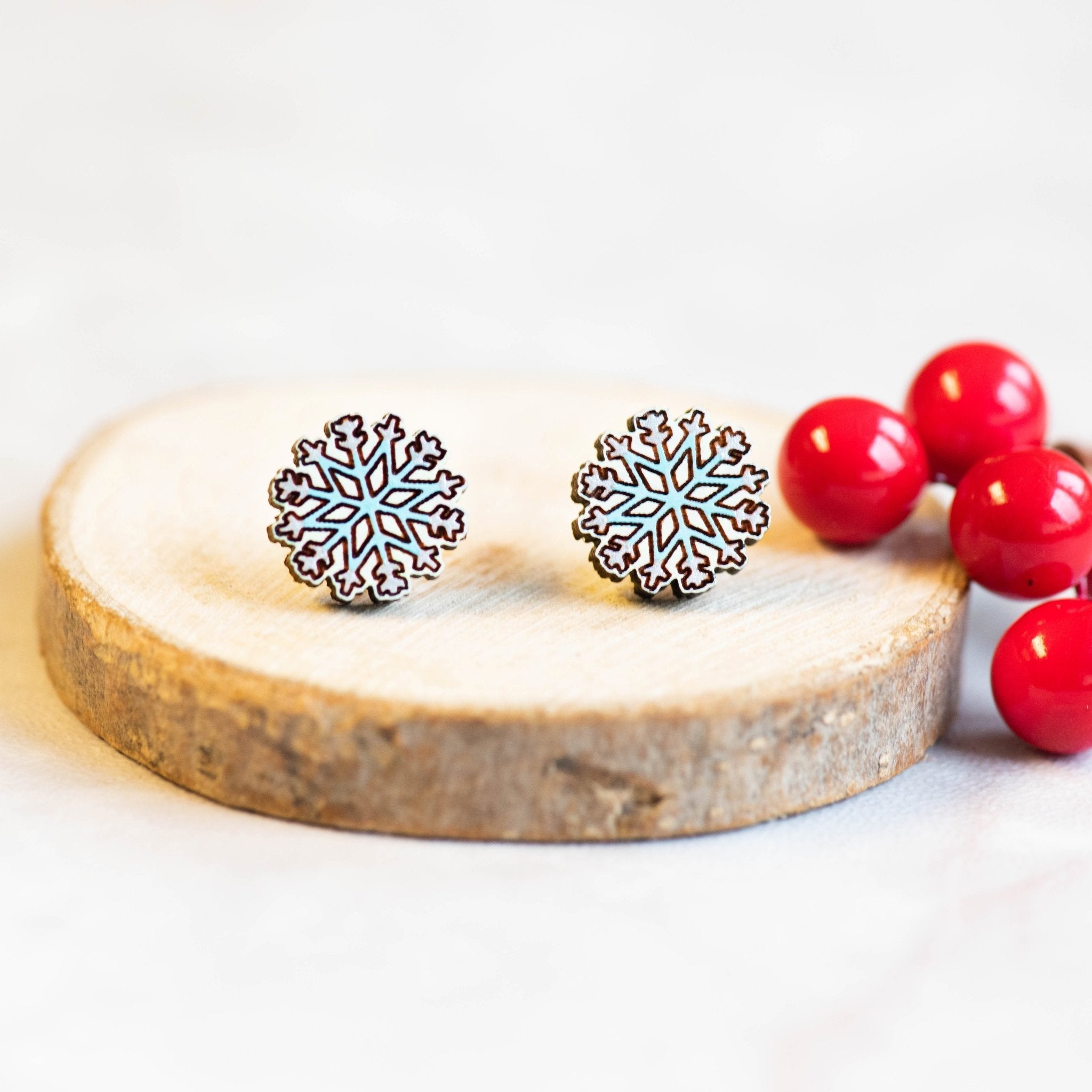 Hand - Painted Christmas Snowflake Wooden Stud Earrings - PET15199 - Robin Valley Official Store