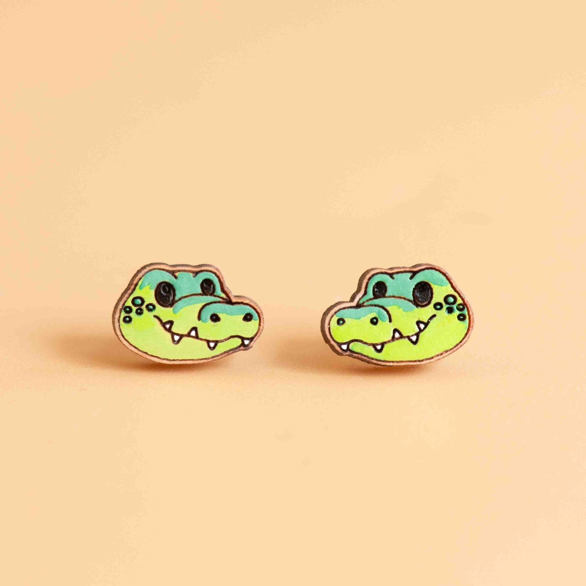 Hand - painted Crocodile Cherry Wood Stud Earrings - PES13048 - Robin Valley Official Store