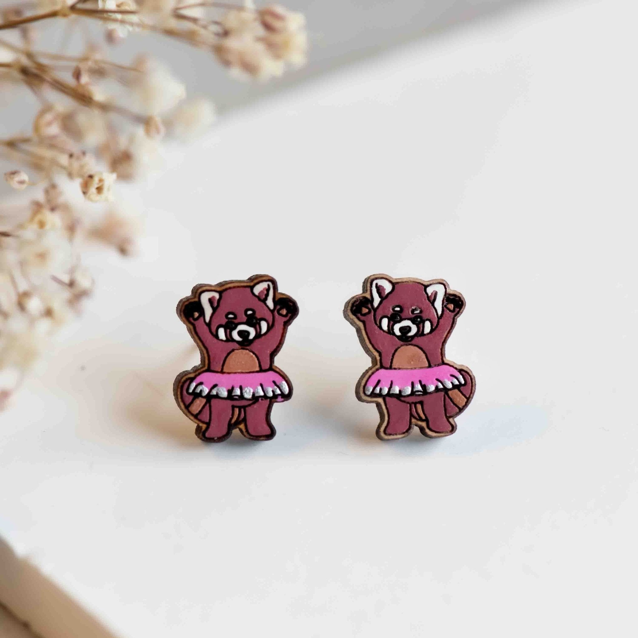 Hand - painted Dancing Ballerina Red Panda Cherry Wood Stud Earrings - PEL10185 - Robin Valley Official Store