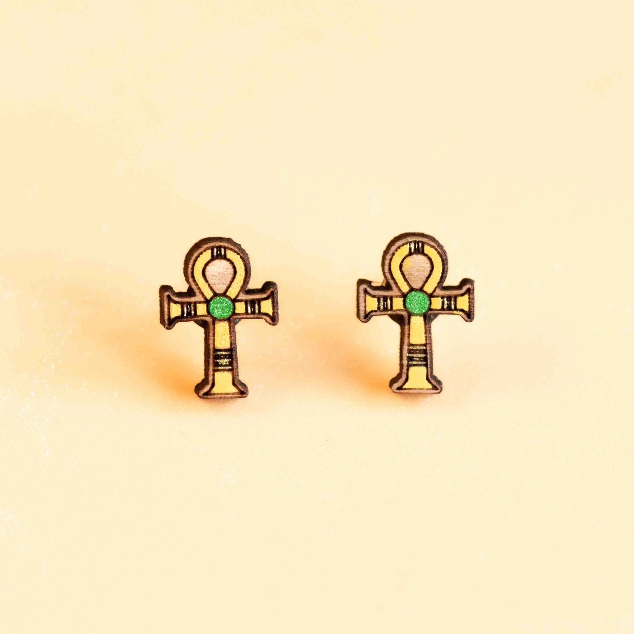 Hand - painted Egyptian Ankh Cherry Wood Stud Earrings - PET15168 - Robin Valley Official Store