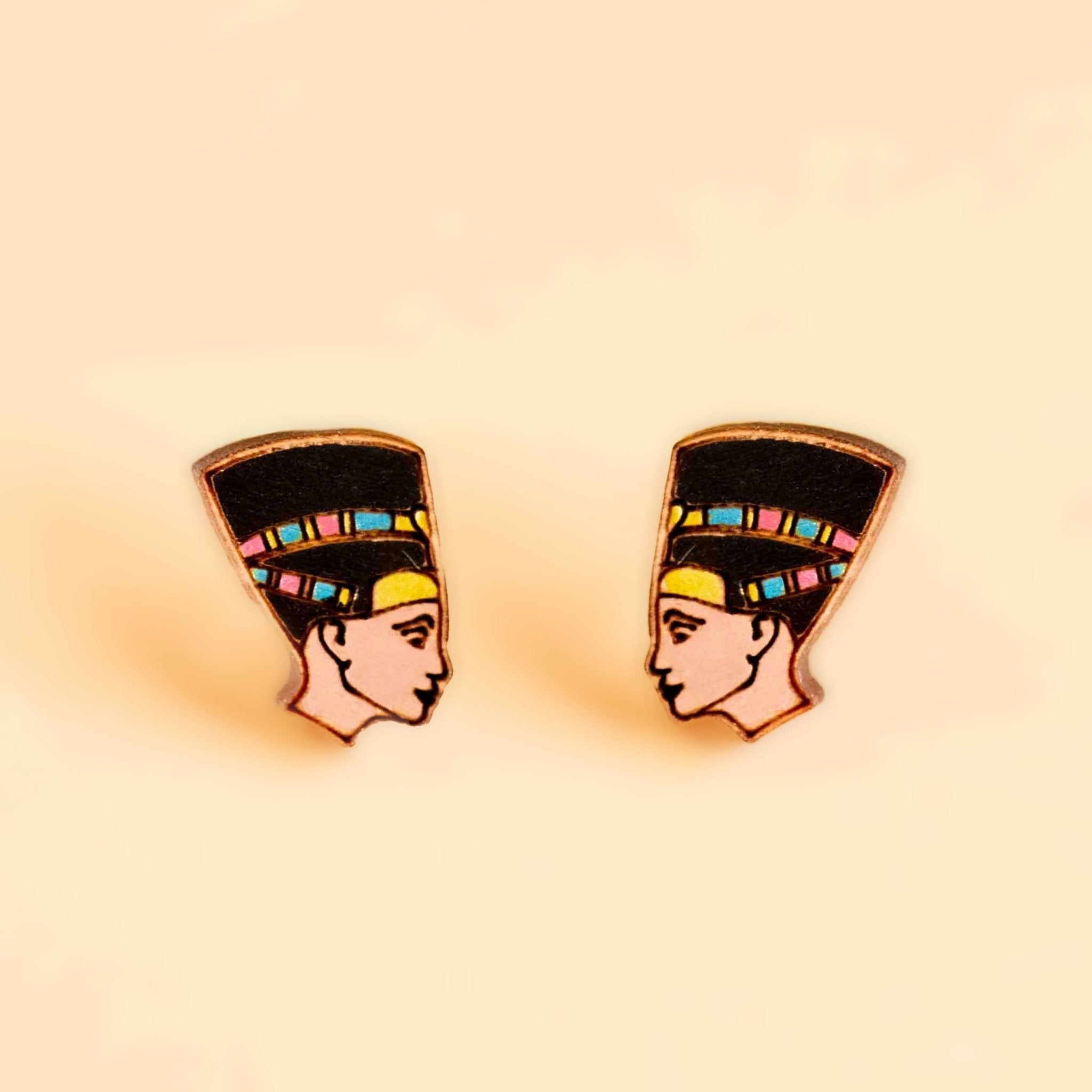 Hand - painted Egyptian Queen Nefertiti Studs Wooden Earrings - PEO14098 - Robin Valley Official Store