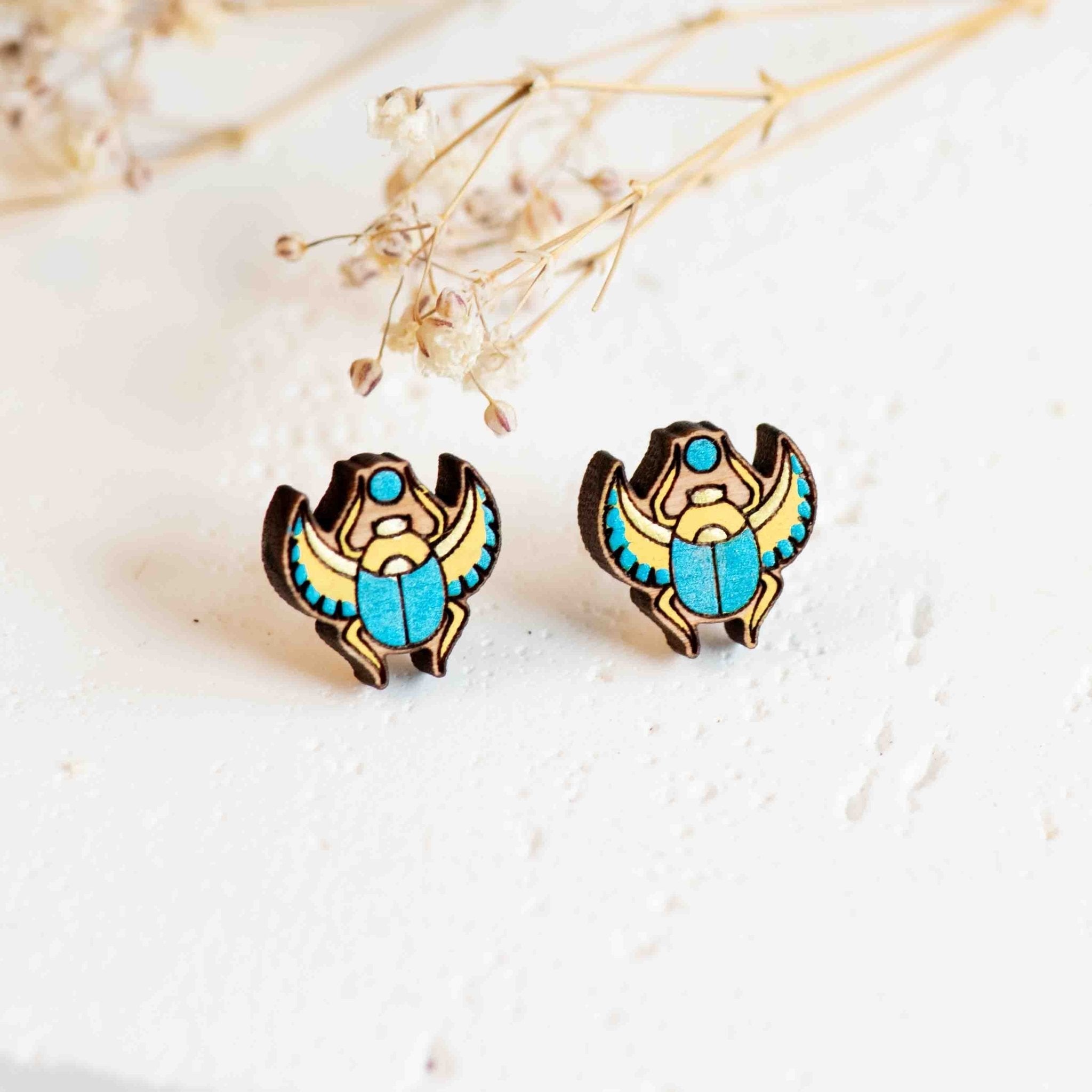 Hand - painted Egyptian Scarabs Wooden Earrings - PEO14102 - Robin Valley Official Store