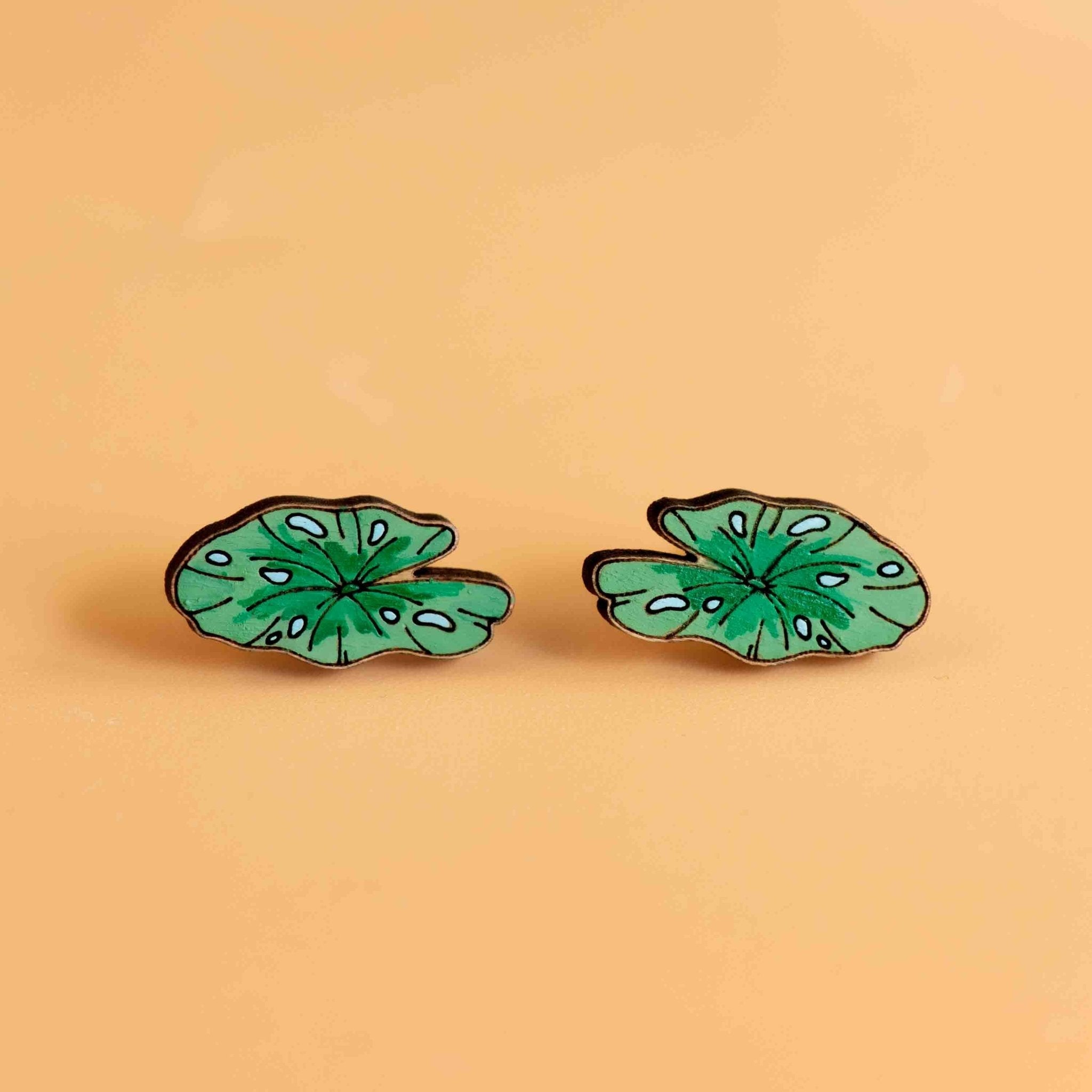 Hand - painted Lily Pad Wooden Earrings Cherry Wood Stud Earrings - PET15179 - Robin Valley Official Store
