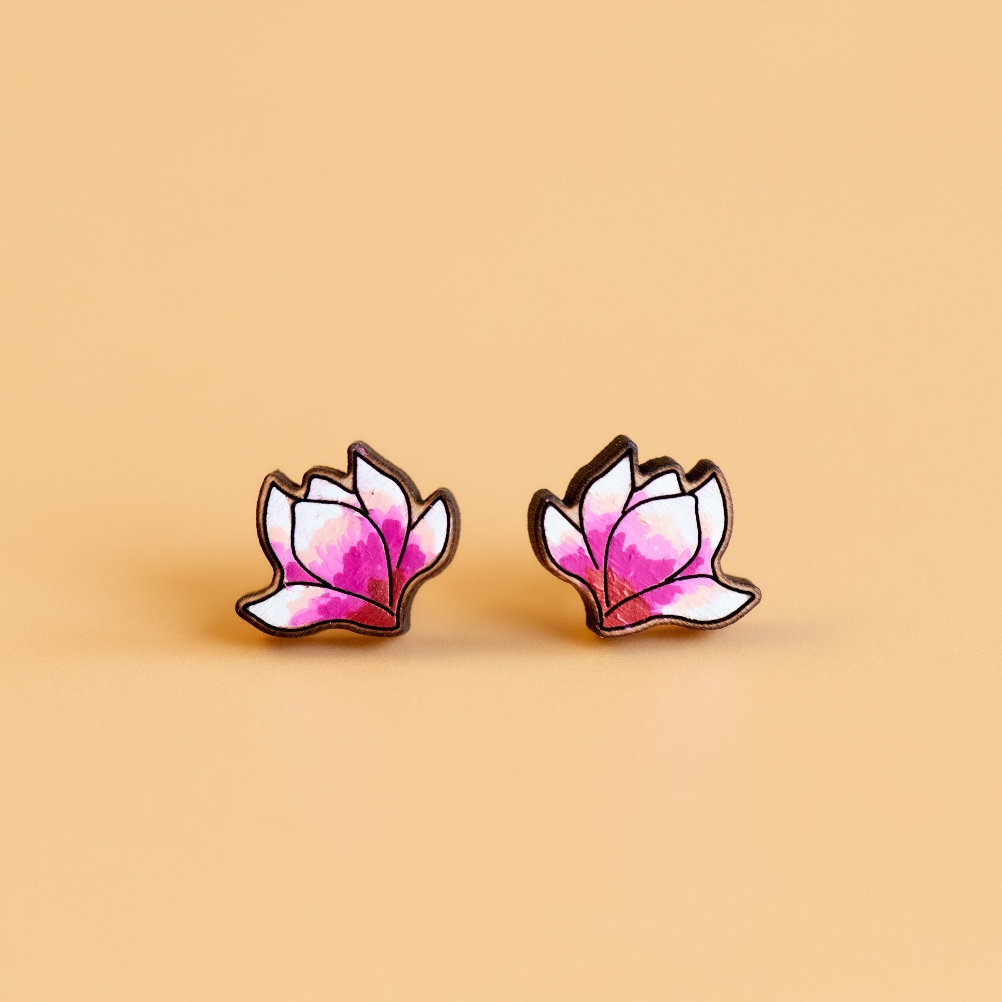 Hand - painted Magnolia Flower Cherry Wood Stud Earrings - PEO14078 - Robin Valley Official Store