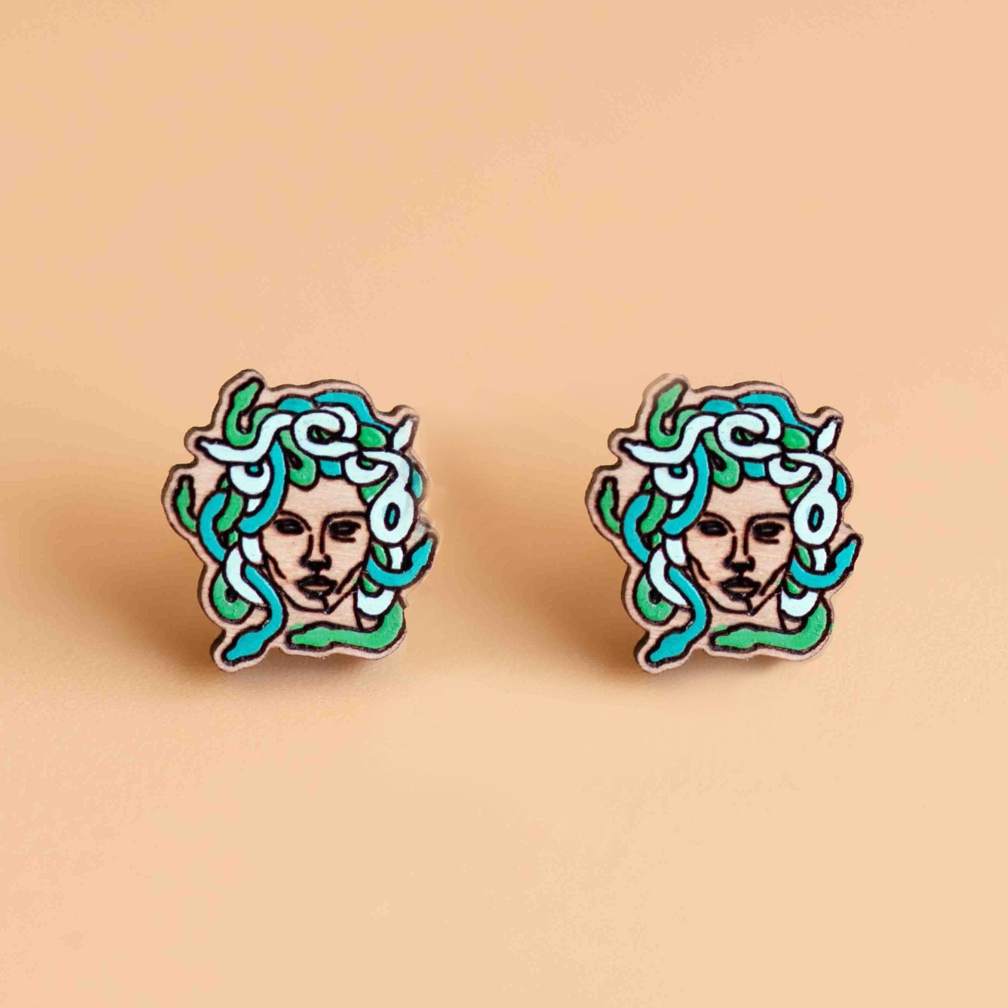 Hand - painted Medusa Stud Earrings Wooden Jewellery - PEO14099 - Robin Valley Official Store