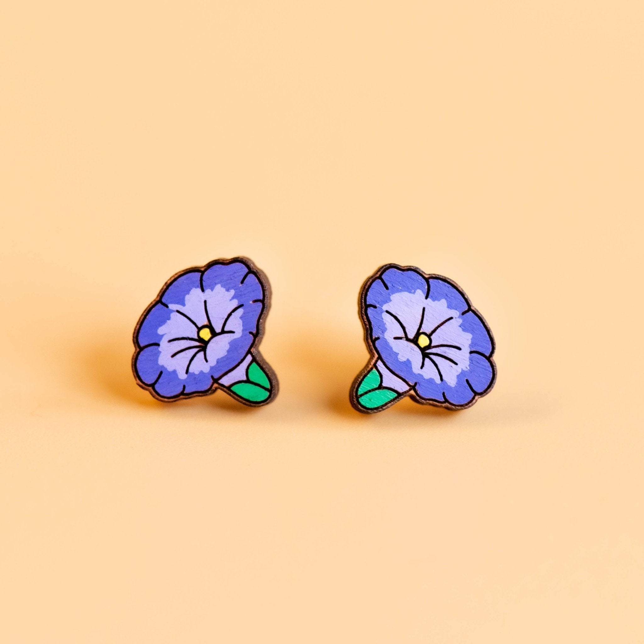 Hand - painted Morning Glory Cherry Wood Flower Stud Earrings - PEO14079 - Robin Valley Official Store