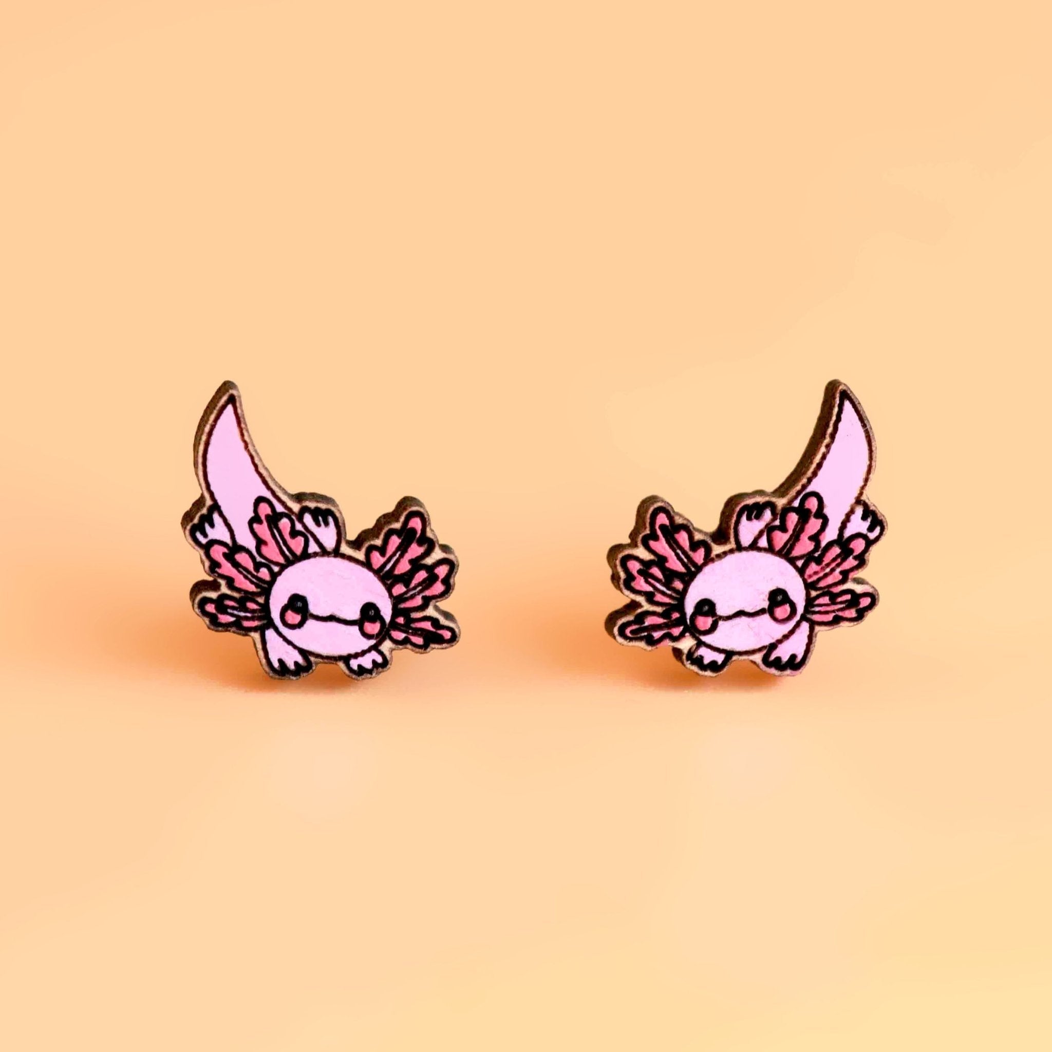 Hand - painted Pink Axolotl Cherry Wood Stud Earrings - PES13042 - Robin Valley Official Store
