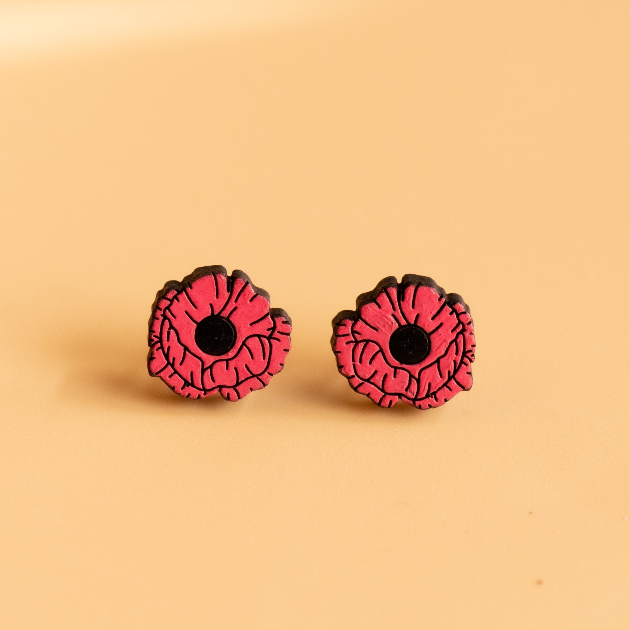 Hand - painted Poppy Flower Cherry Wood Stud Earrings - PEO14080 - Robin Valley Official Store