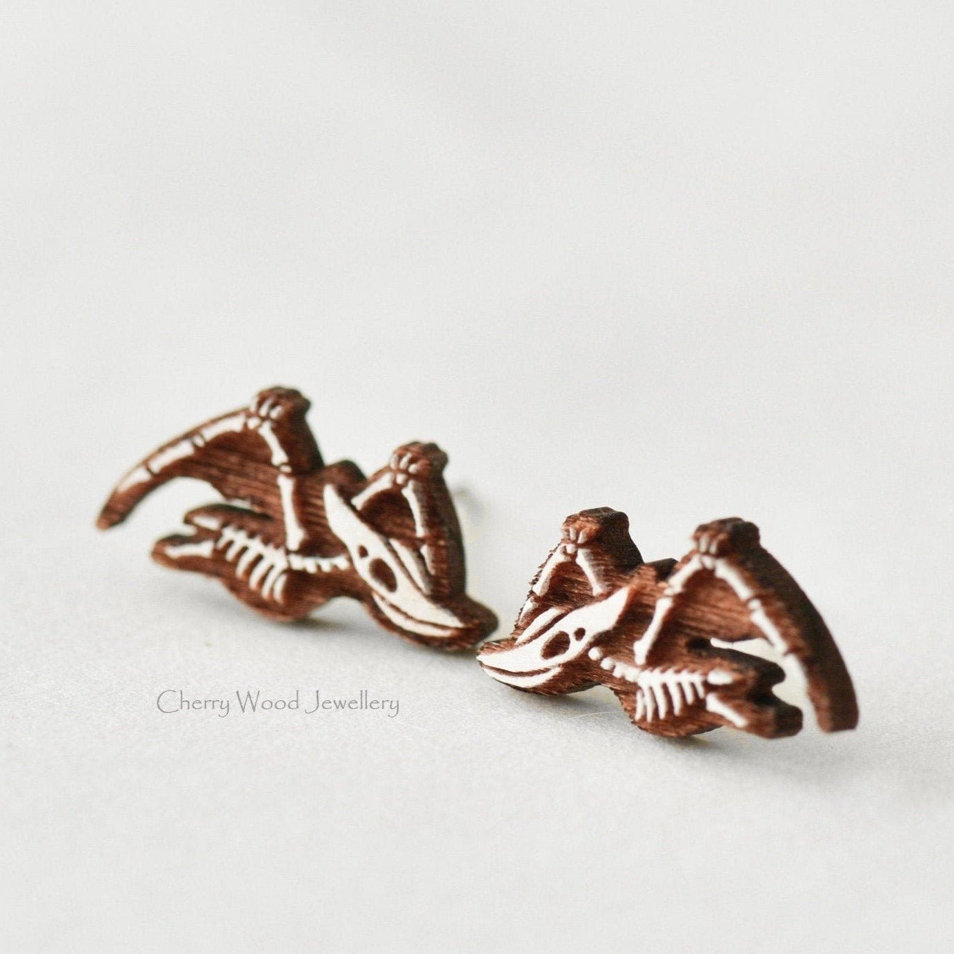 Hand Painted Pterosaur Pterodactyl Skeleton Cherry Wood Stud Earrings - EO14025 - Robin Valley Official Store