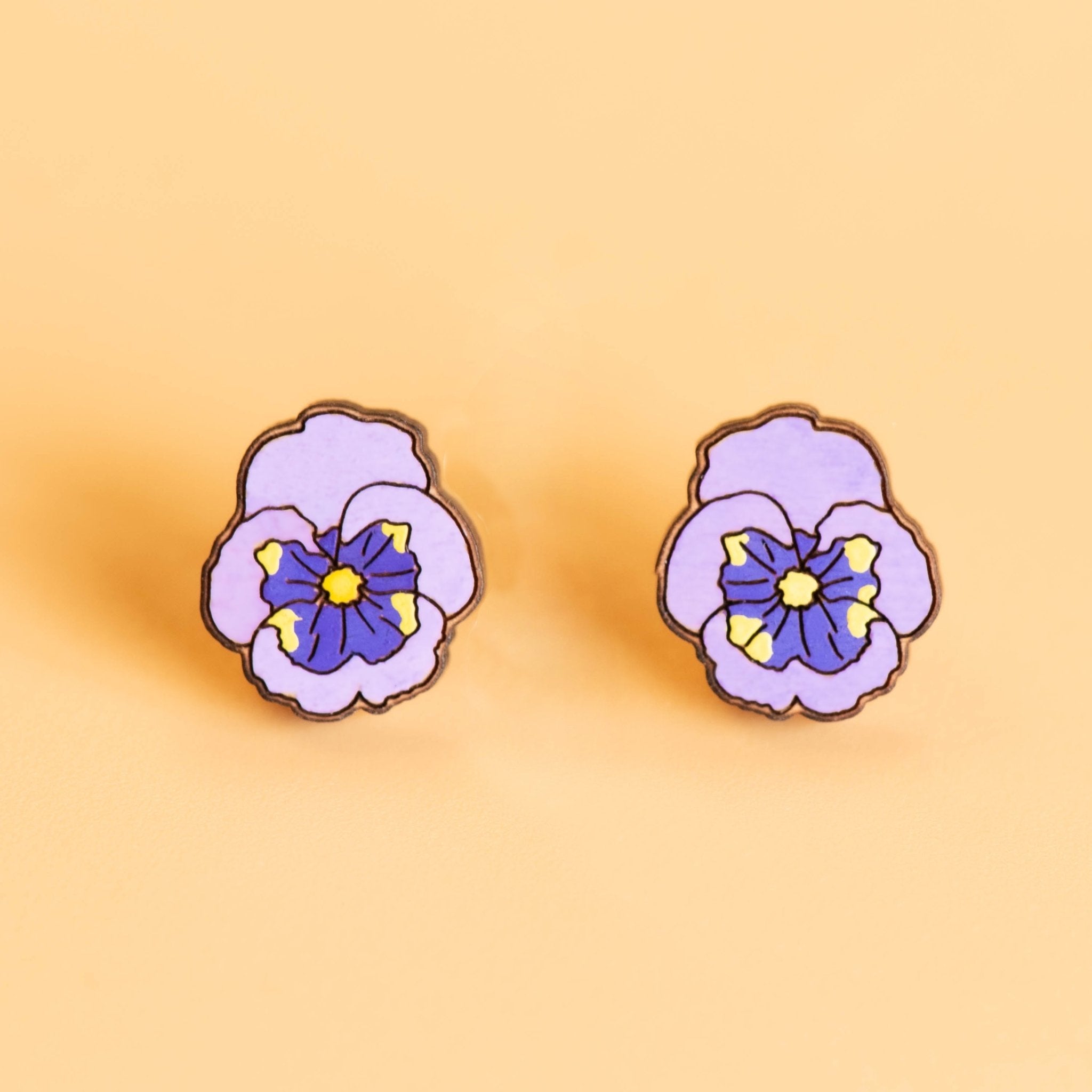 Hand - painted Purple Pansy Flower Cherry Wood Stud Earrings - PEO14081 - Robin Valley Official Store
