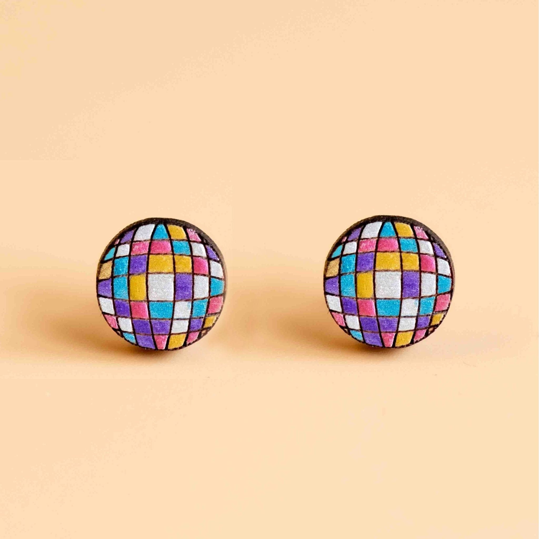 Hand - painted Rainbow Disco Ball Wooden Earrings - PET15121 - Robin Valley Official Store