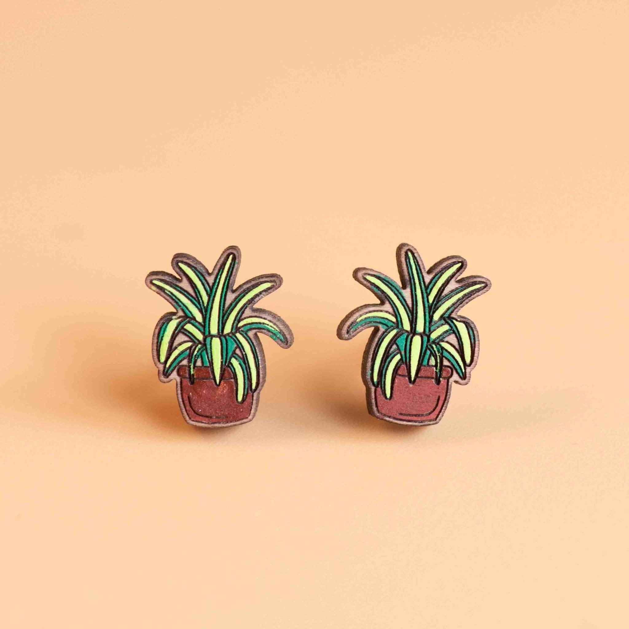 Hand Painted Spider Plant Cherry Wood Stud Earrings - PEO14085 - Robin Valley Official Store