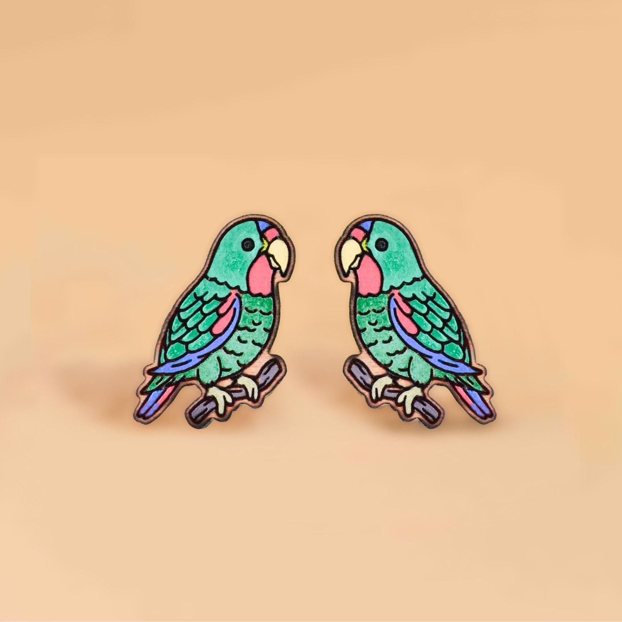 Hand - painted Swift Parrot Bird Cherry Wood Stud Earrings - PEB12041 - Robin Valley Official Store