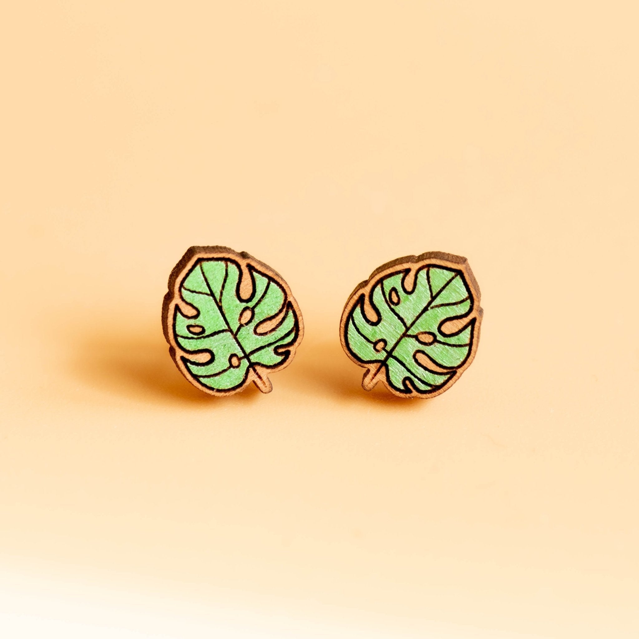 Hand Painted Swiss Cheese Monstera Cherry Wood Stud Earrings - PEO14086 - Robin Valley Official Store