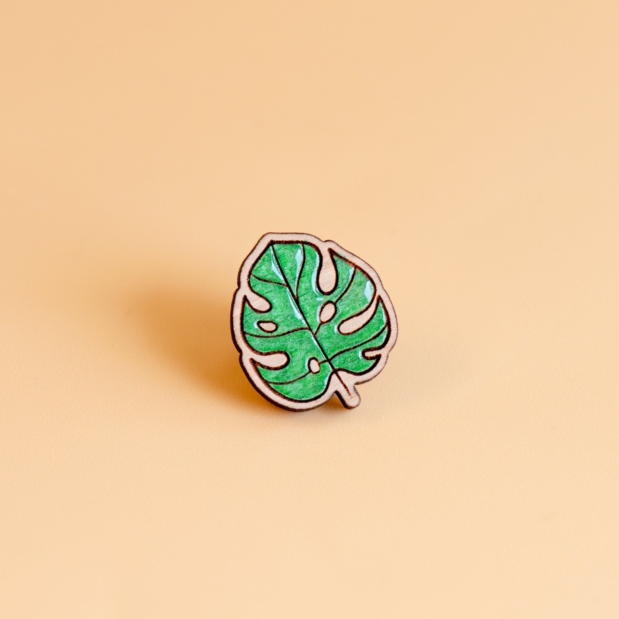 Hand - painted Swiss Cheese Plant Monstera Leaf Cherry Wood Pin Badge - PO44086 - Robin Valley Official Store
