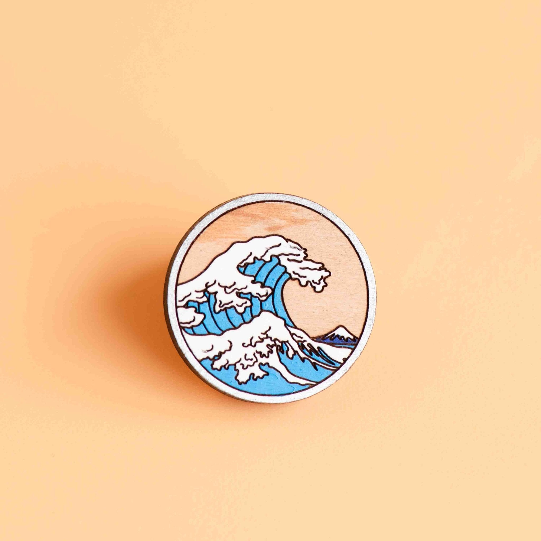 Hand - painted The Great Wave Off Wooden Pin Badge Inspired by Kanagawa - PT45124 - Robin Valley Official Store