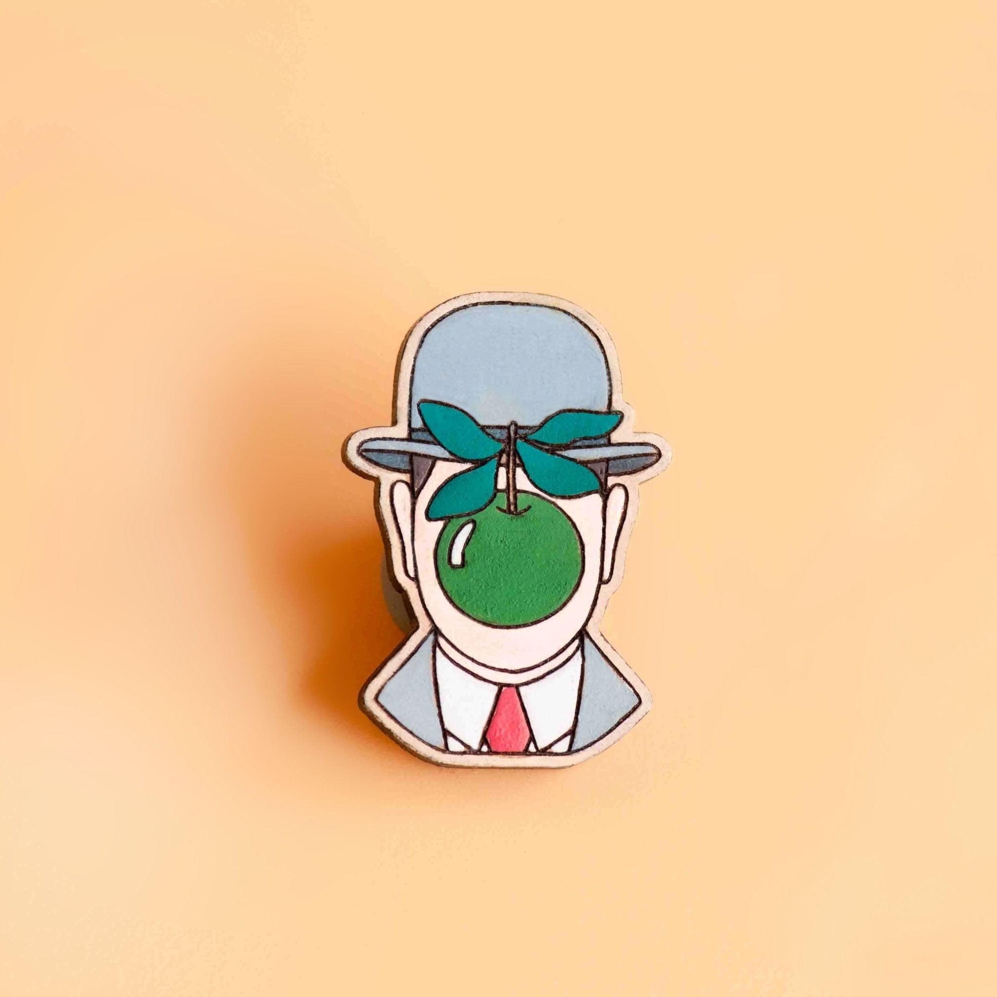 Hand - painted The Son of Man Cherry Wood Pin Badge Inspired by René Magritte - PT45126 - Robin Valley Official Store