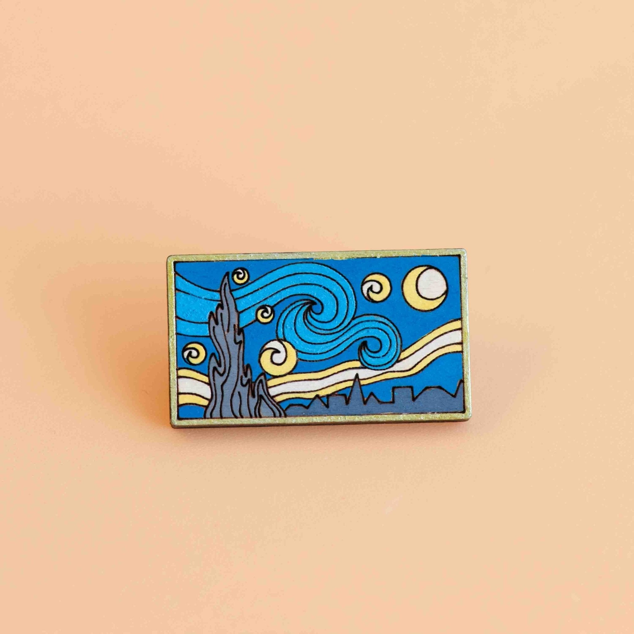 Hand - painted The Starry Night Wooden Pin Badge Inspired by Van Gogh - PT45127 - Robin Valley Official Store