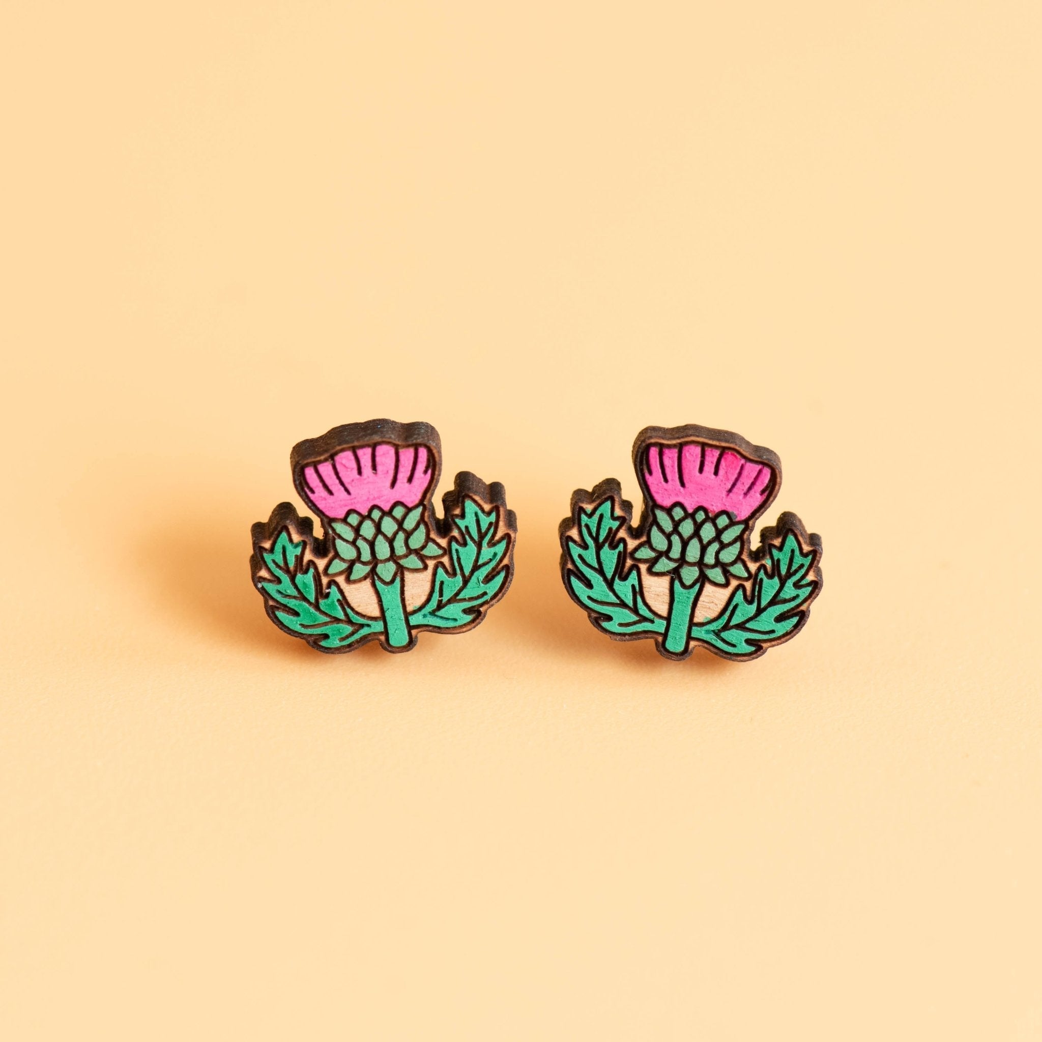 Hand - painted Thistle Flower Wooden Stud Earrings - PEO14084 - Robin Valley Official Store