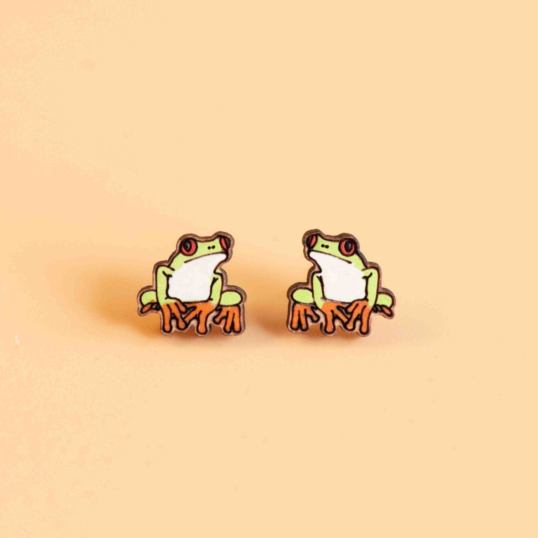 Hand - painted Tree Frog Cherry Wood Stud Earrings - PEL10232 - Robin Valley Official Store