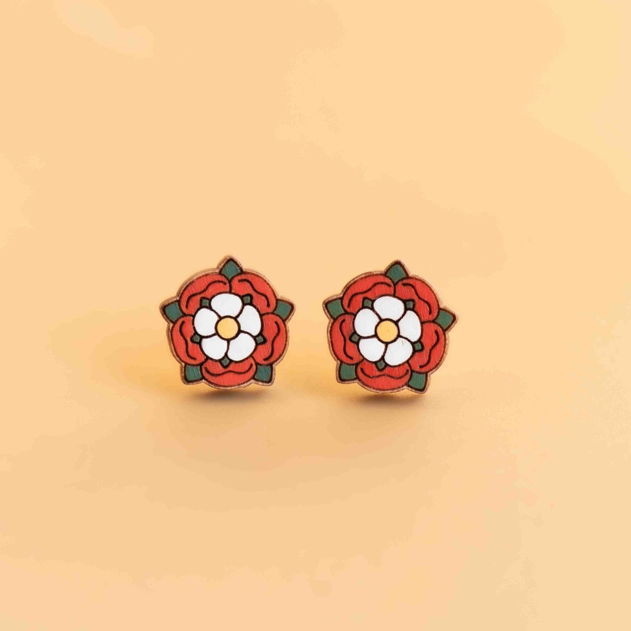 Hand - painted Tudor Rose Wooden Earrings - PEO14064 - Robin Valley Official Store