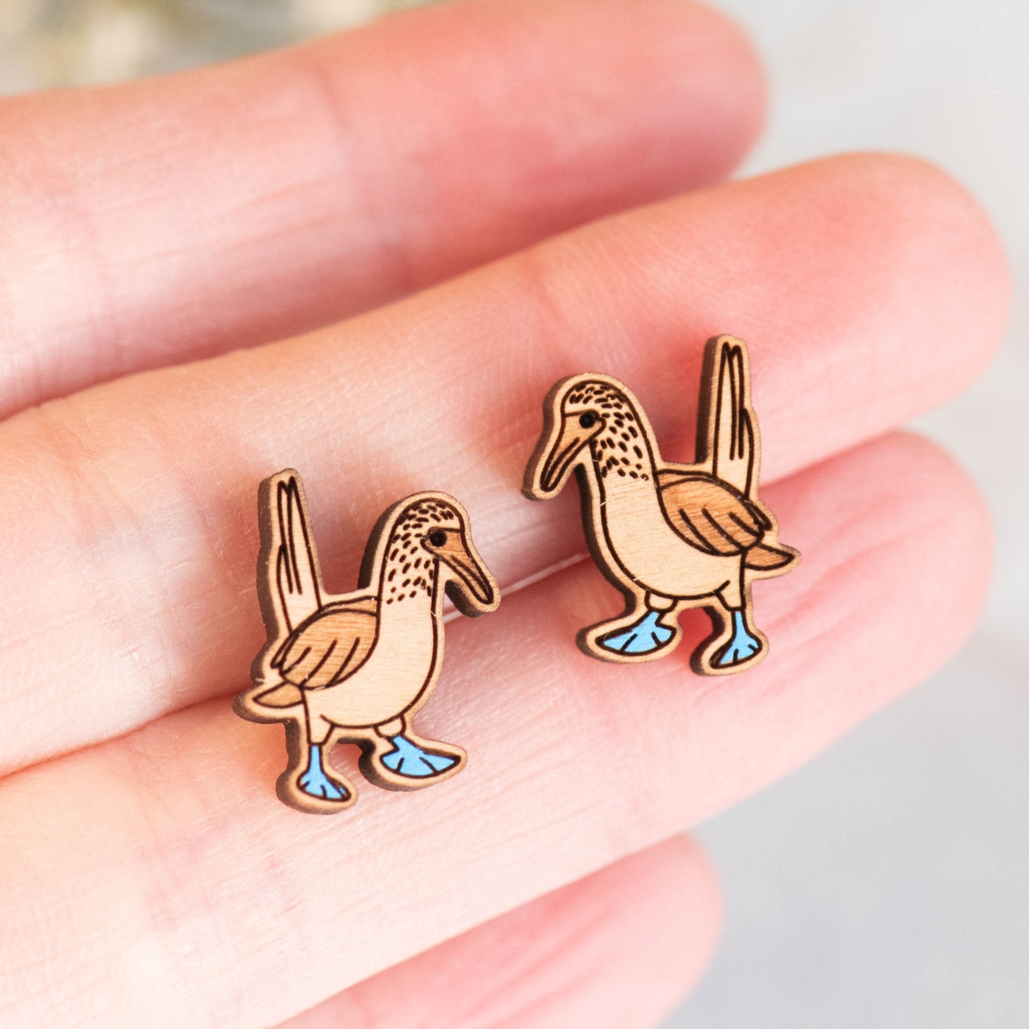 Hand - painted Wooden Blue - footed Booby Earrings - PEB12028 - Robin Valley Official Store