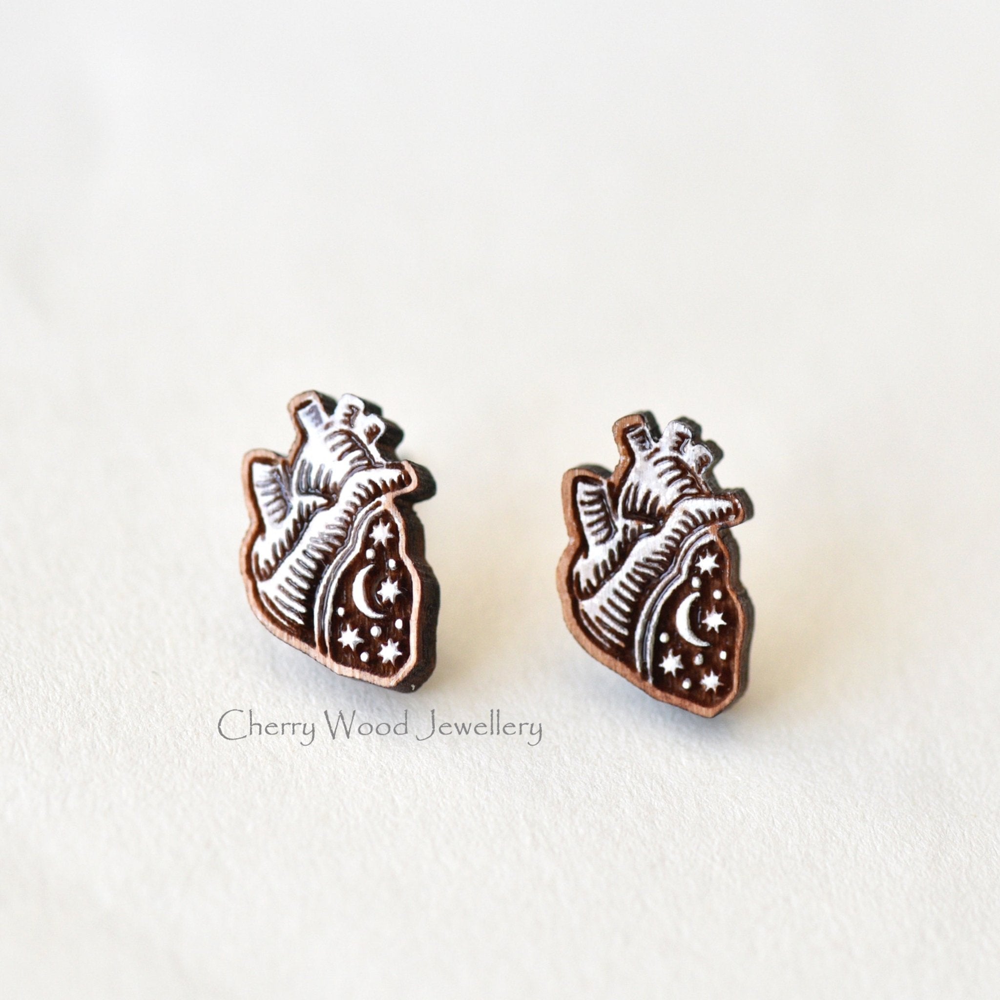 Hand - painted Wooden Constellation Anatomy Heart Earrings - PET15003 - Robin Valley Official Store
