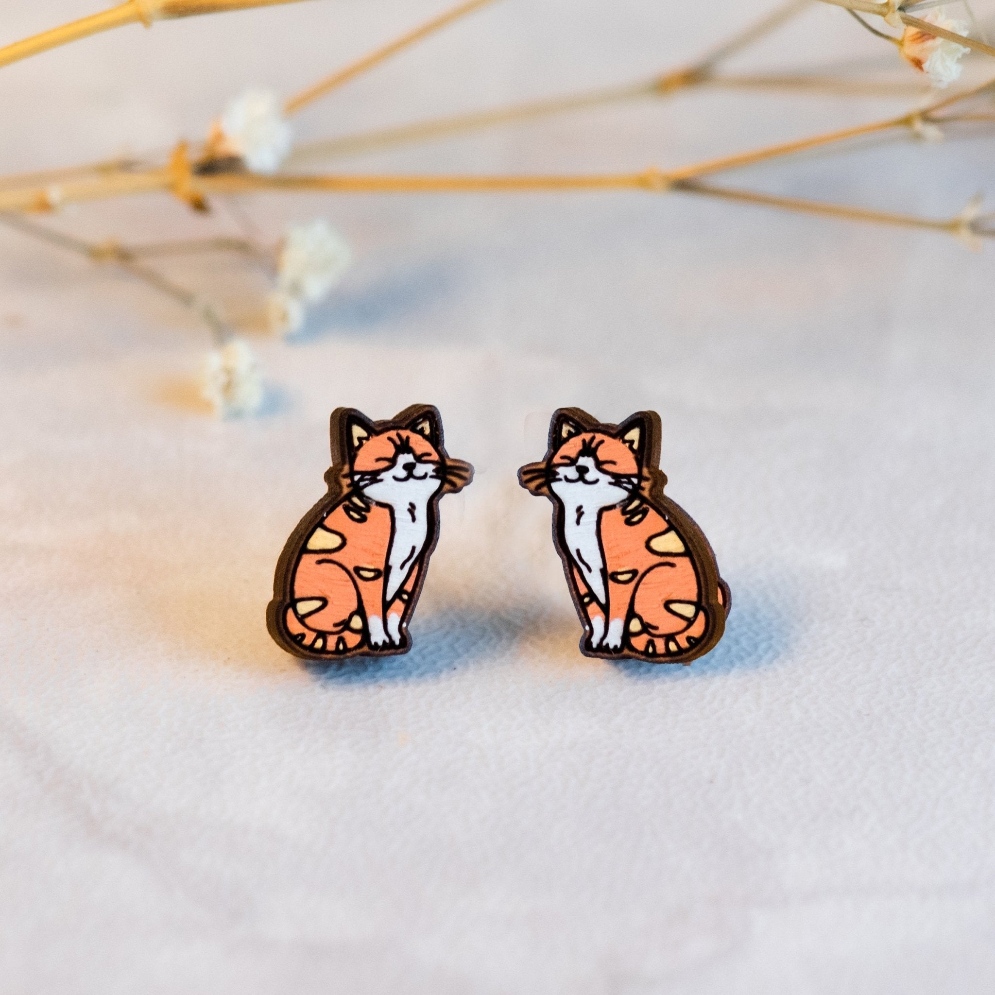 Hand - painted Wooden Cute Ginger Cat Earrings - PEL10175 - Robin Valley Official Store