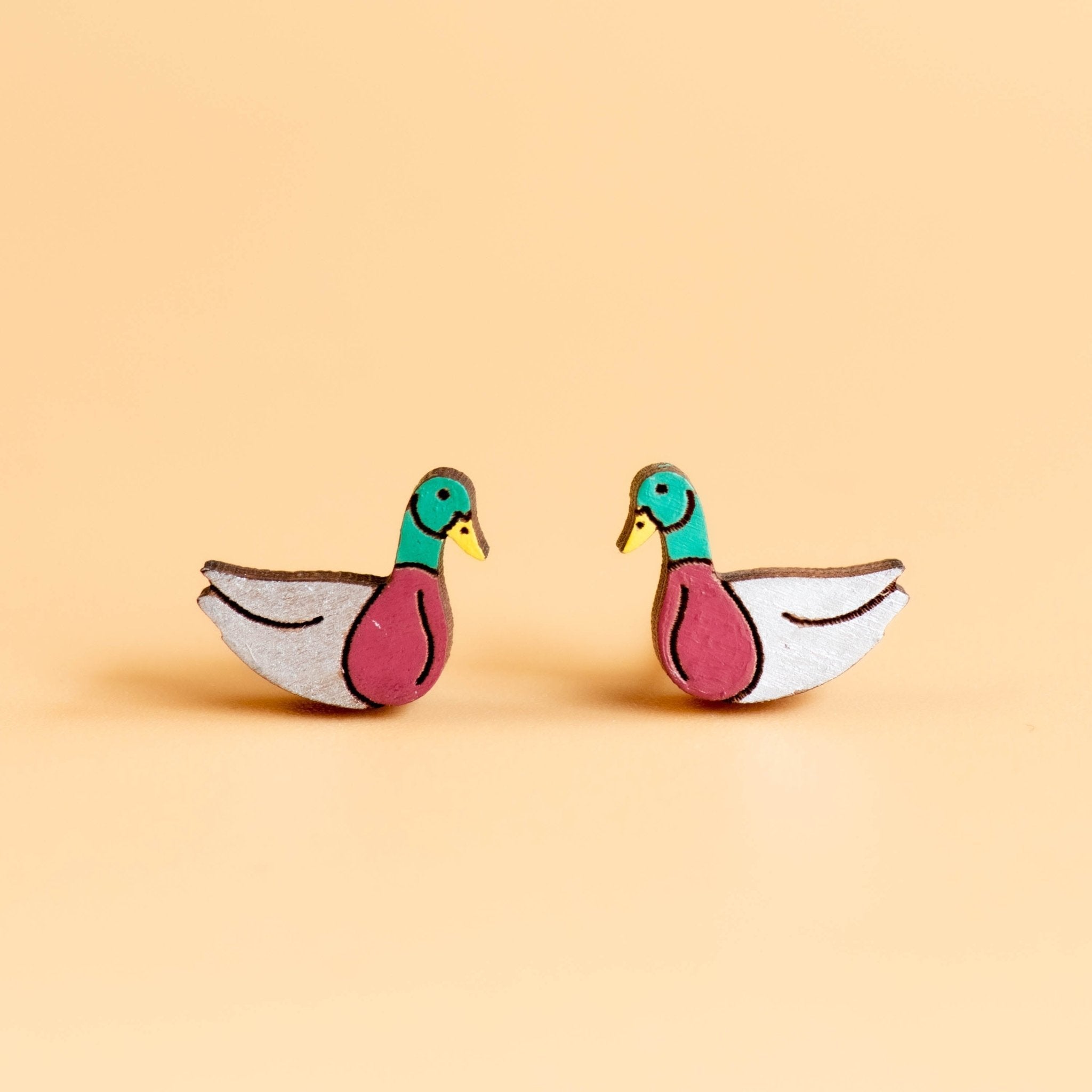 Hand - painted Wooden Duck Stud Earrings - PEB12025 - Robin Valley Official Store
