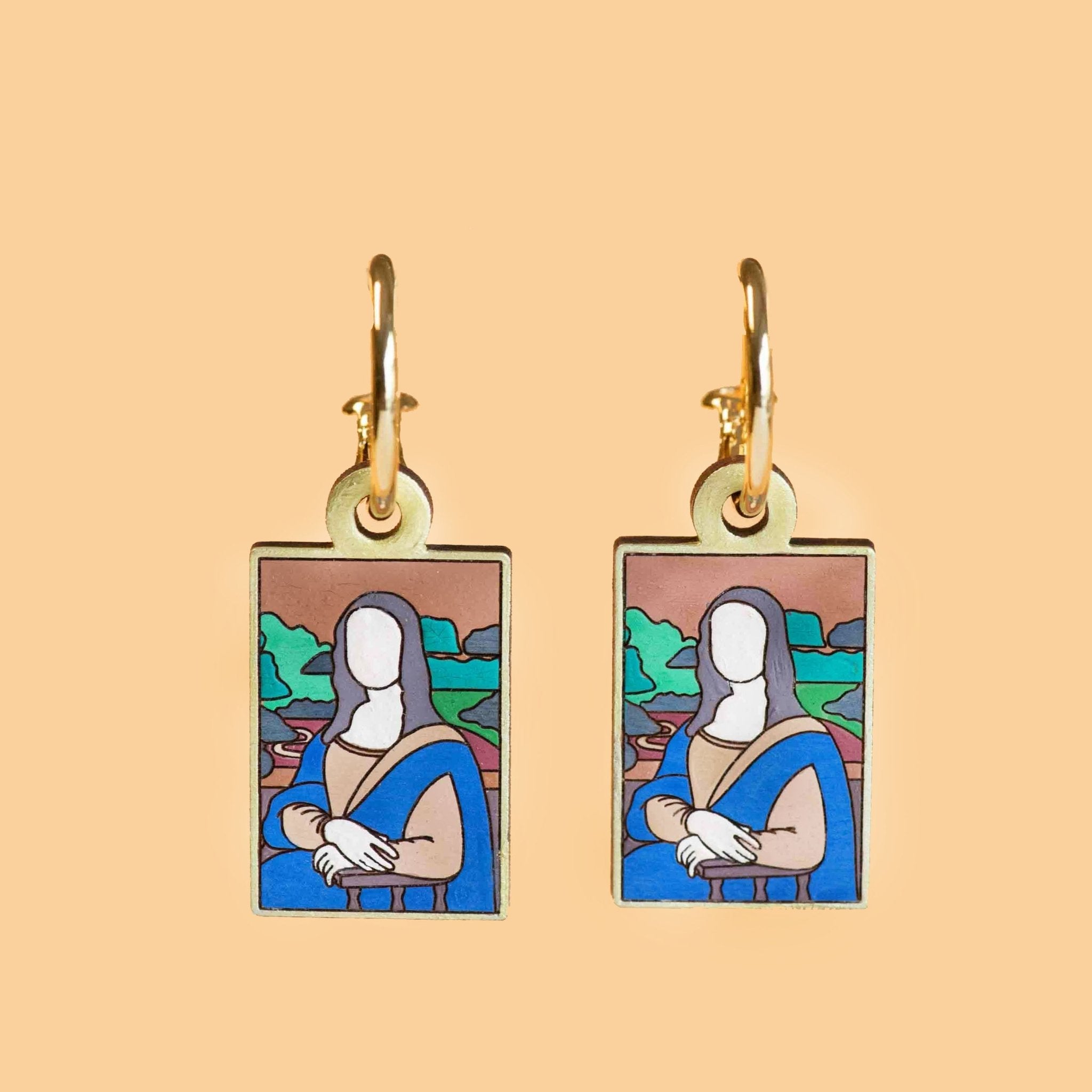 Hand - Painted Wooden Mona Lisa Hoop Earrings Inspired by Leonardo da Vinci - PEO14066H - Robin Valley Official Store