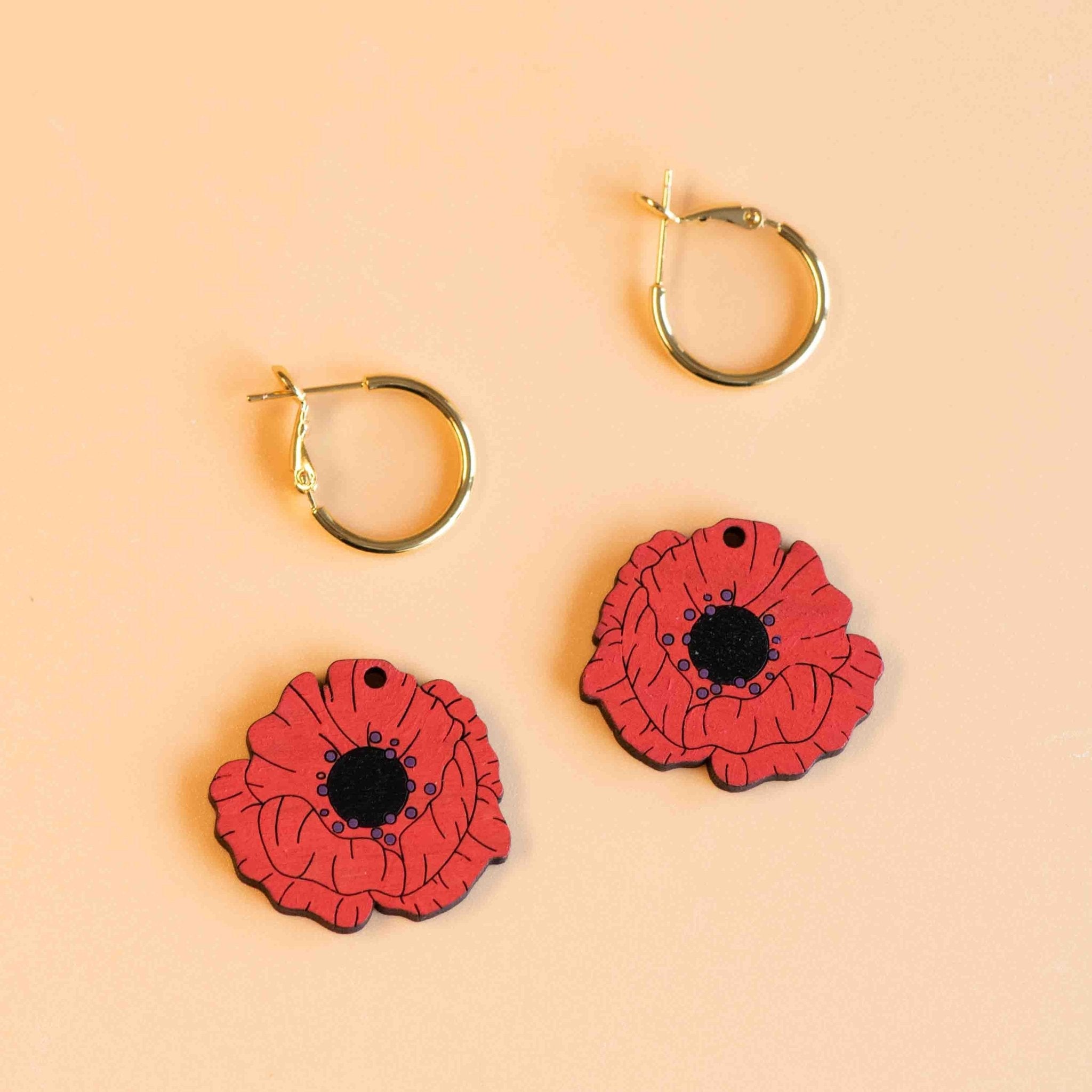 Hand - Painted Wooden Poppy Flower Hoop Earrings - PEO14075H - Robin Valley Official Store