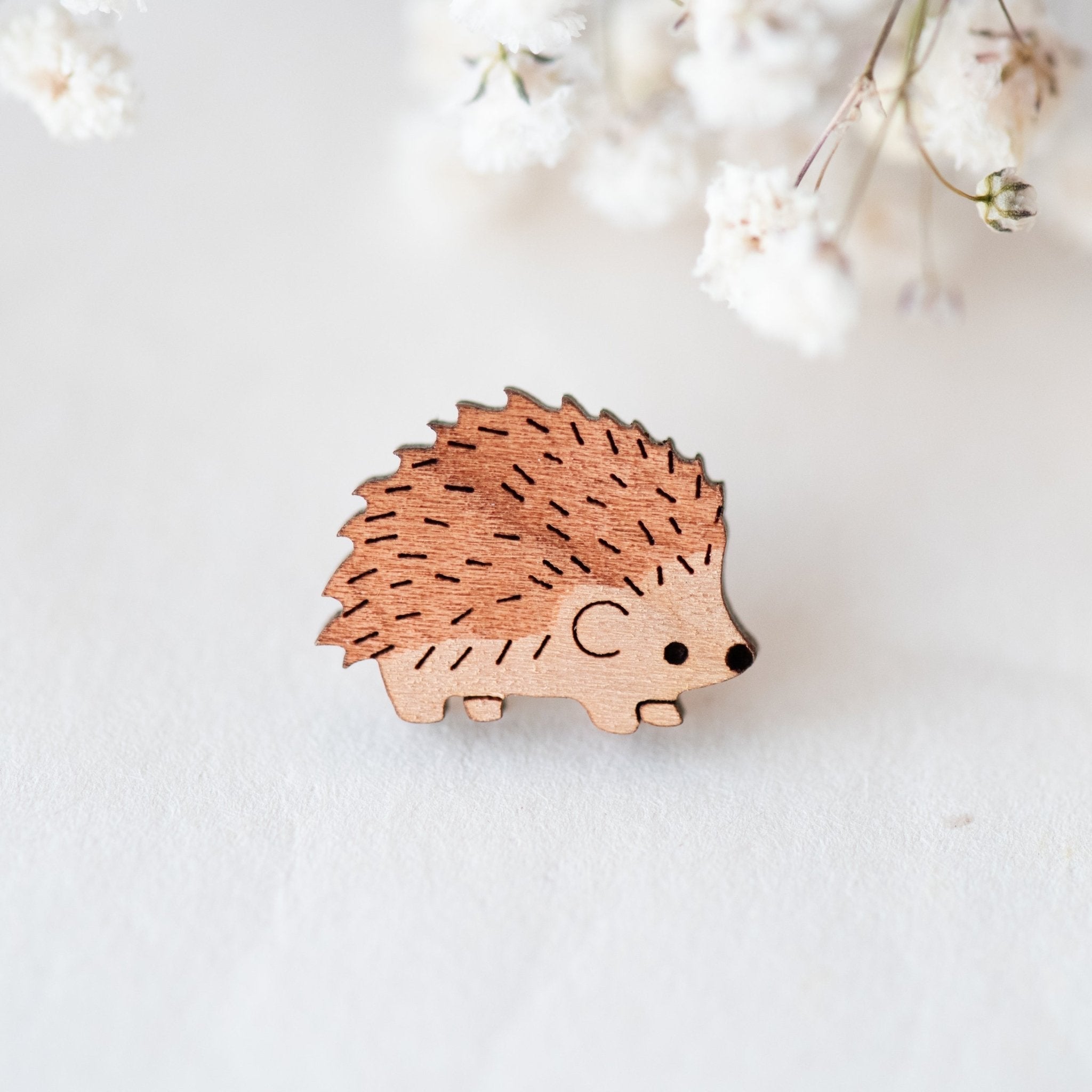 Hedgehog (left) Cherry Wood Pin Badge PL40002 - Robin Valley Official Store