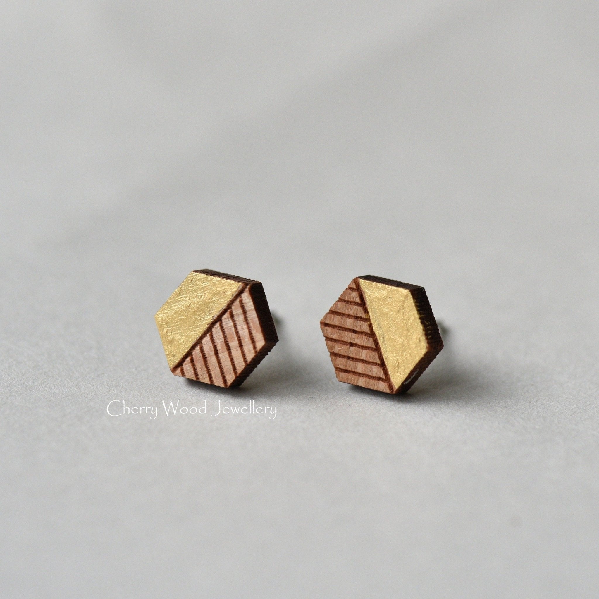 Hexagon Cherry Wood Stud Earrings - ET15025 - Robin Valley Official Store