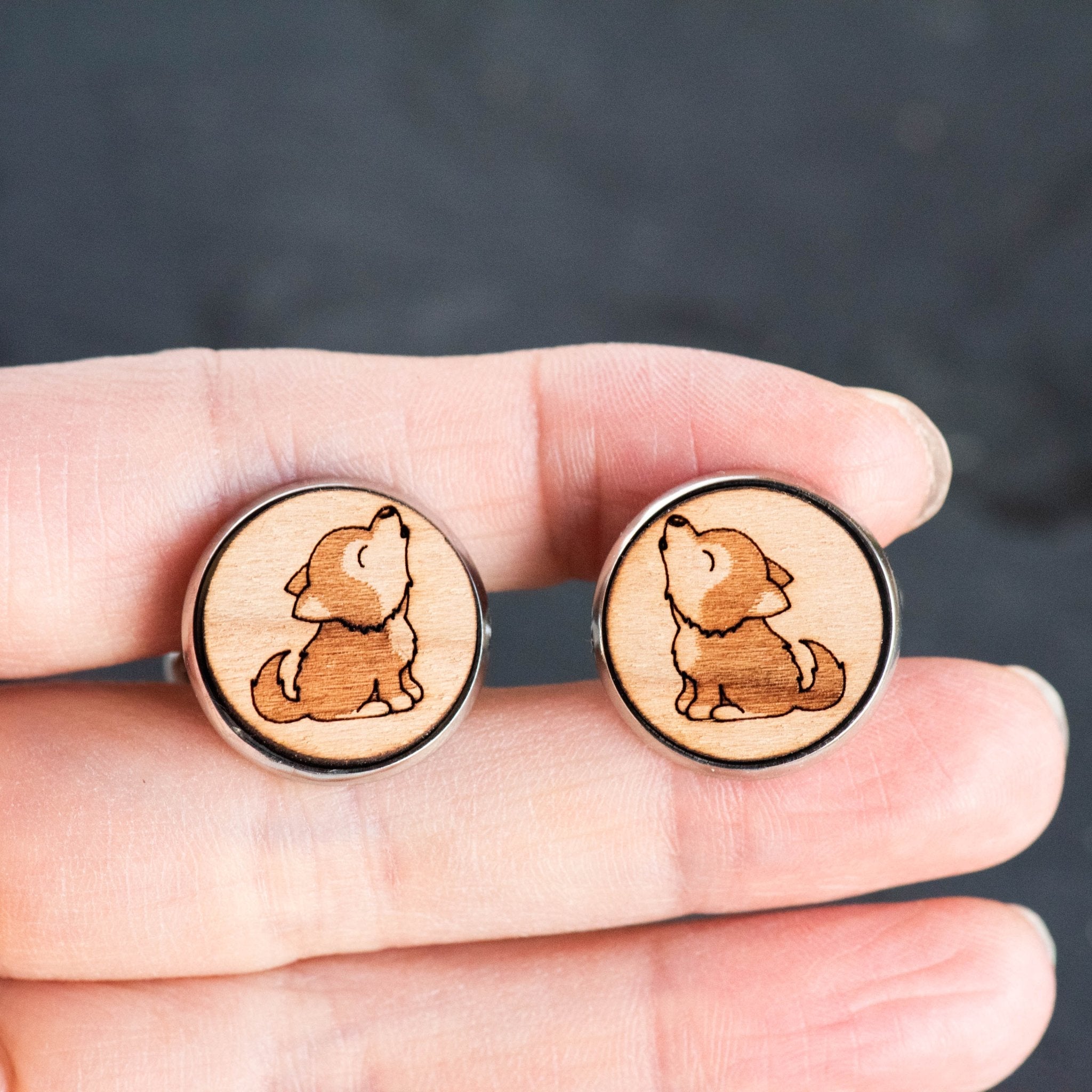 Howling Baby Wolf Cherry Wood Cufflinks - CL30008 - Robin Valley Official Store