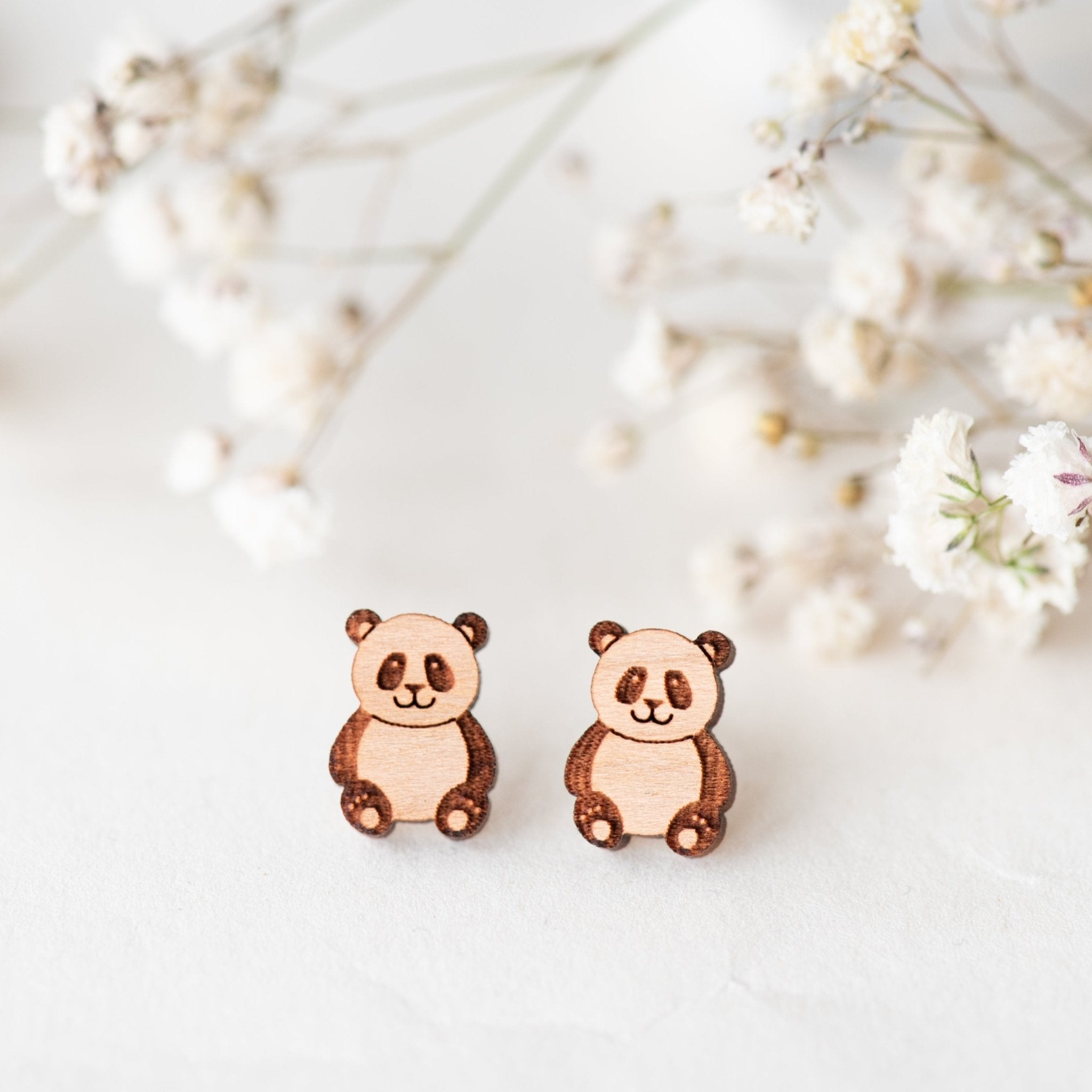 Panda (Sitting) Cherry Wood Stud Earrings - EL10043 - Robin Valley Official Store