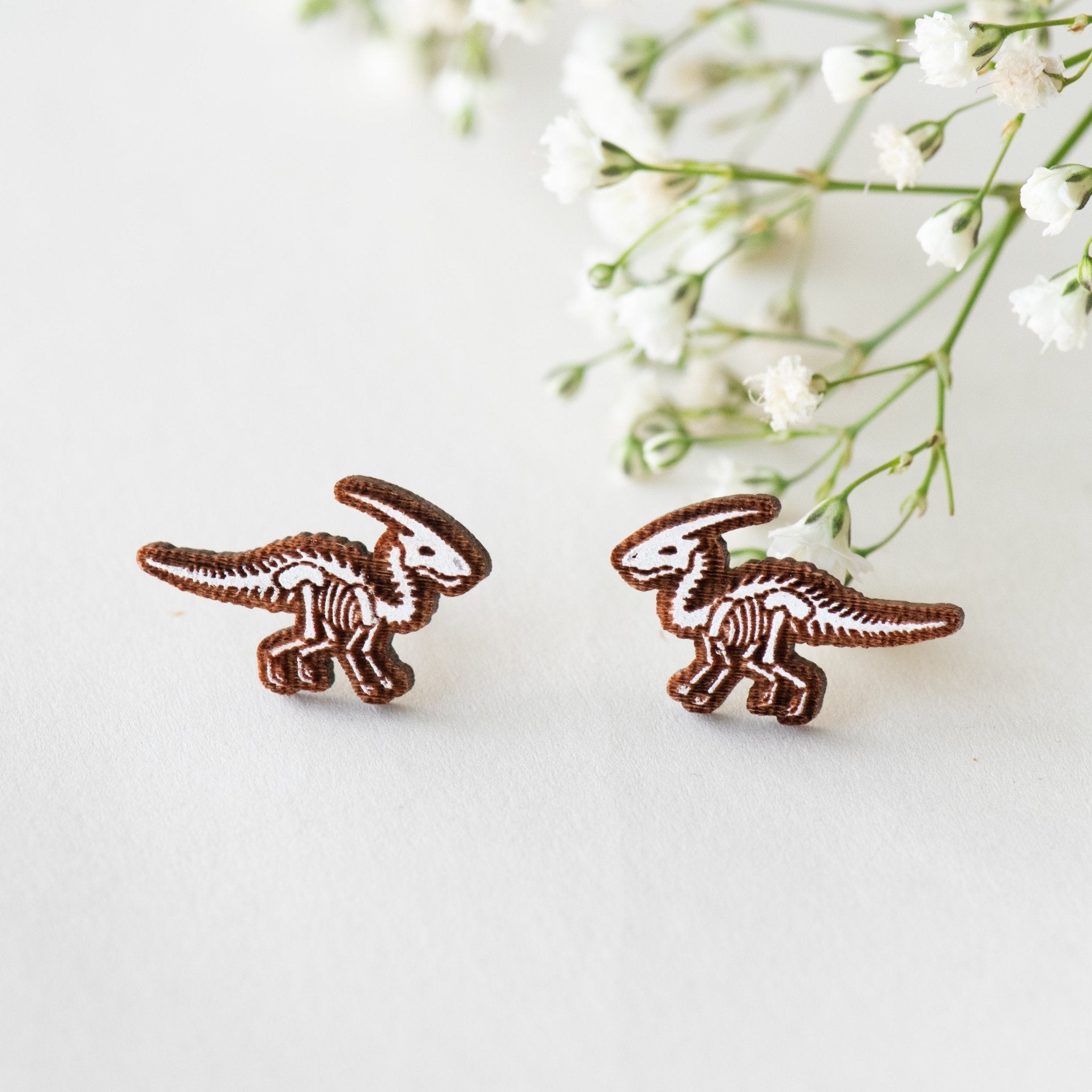 Parasaurolophus Dinosaur Skeleton Fossil Cherry Wood Stud Earrings - EO14014 - Robin Valley Official Store