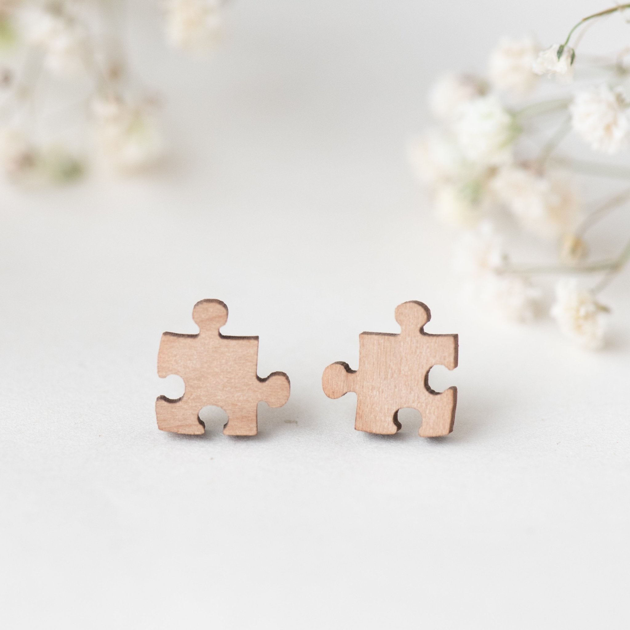 Puzzle Cherry Wood Stud Earrings - ET15033 - Robin Valley Official Store