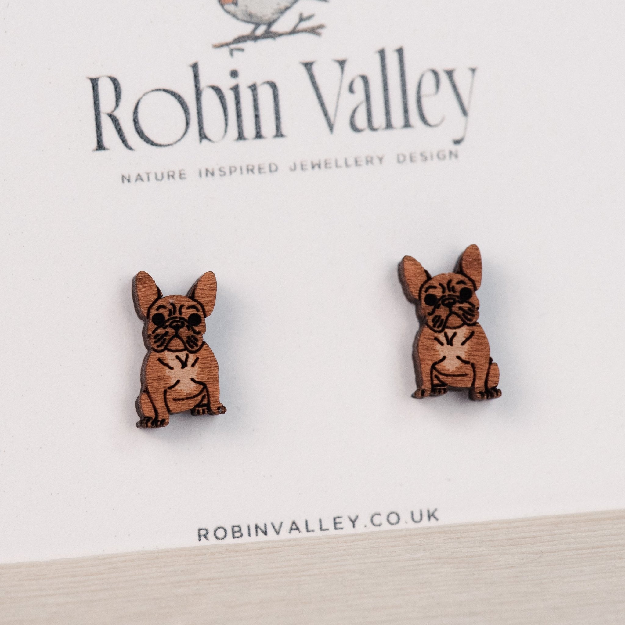 Realistic French Bull Dog Cherry Wood Stud Earrings - EL10069 - Robin Valley Official Store