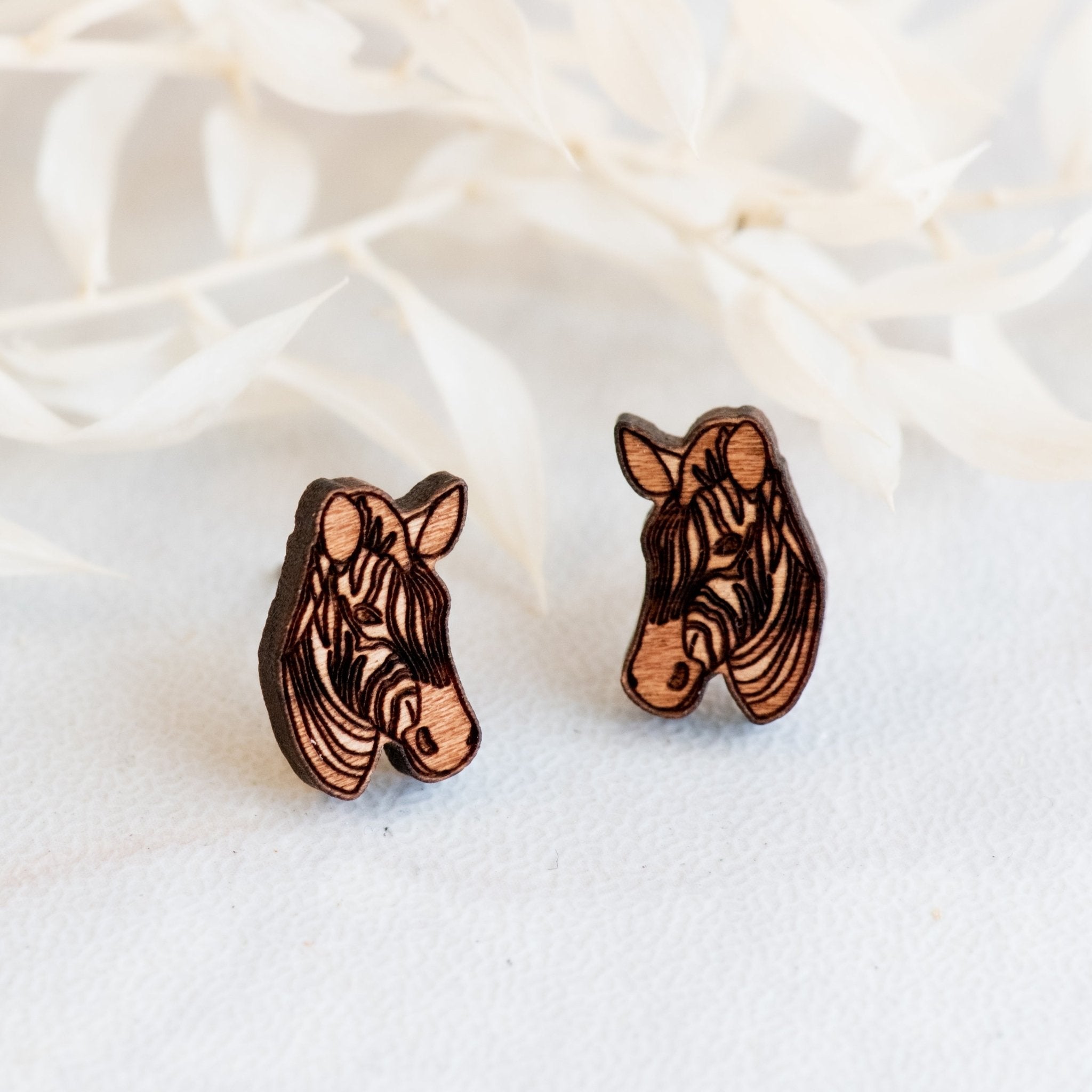 Realistic Zebra Cherry Wood Stud Earrings - EL10194 - Robin Valley Official Store