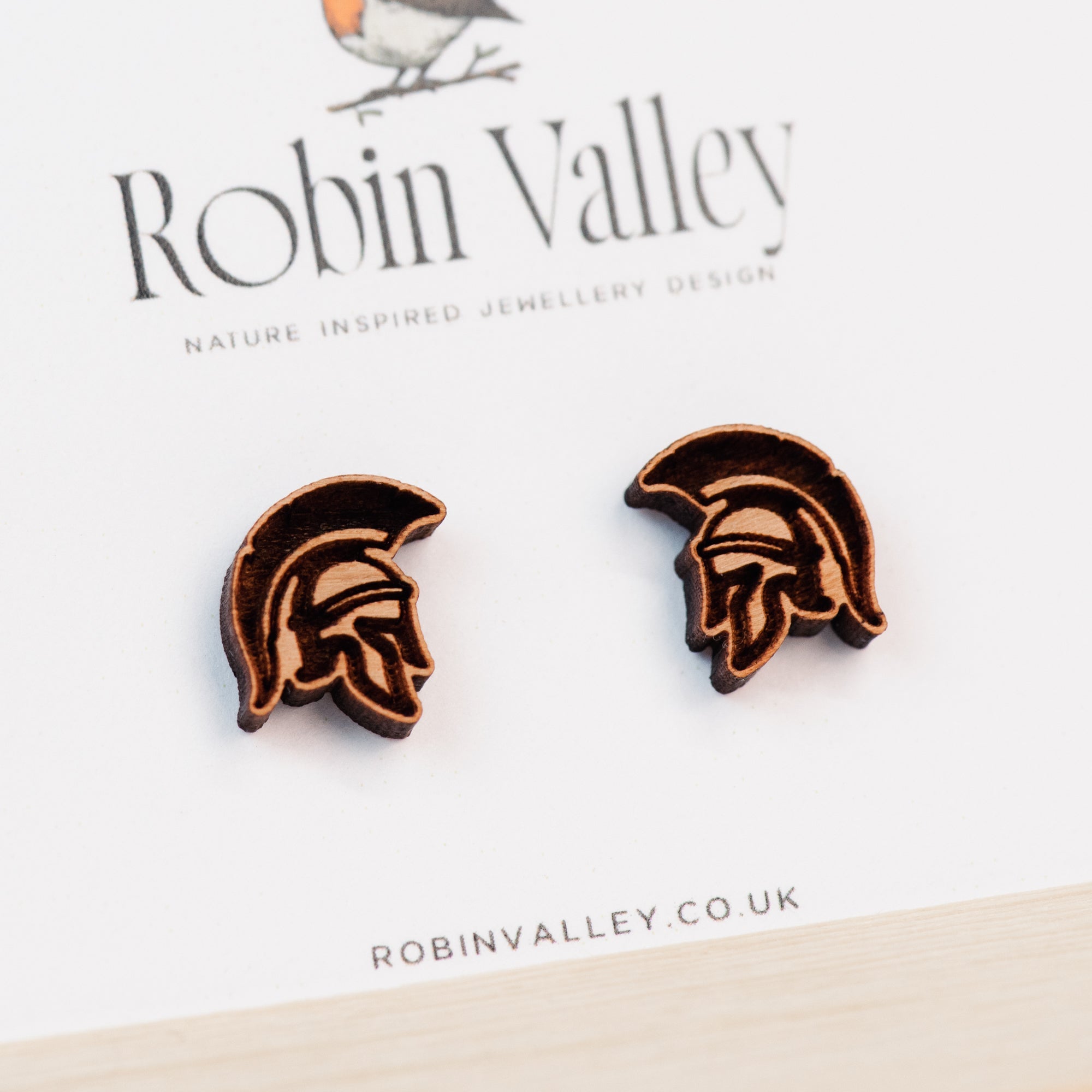 Roman Spartan Helmet Cherry Wood Stud Earrings - ET15028 - Robin Valley Official Store