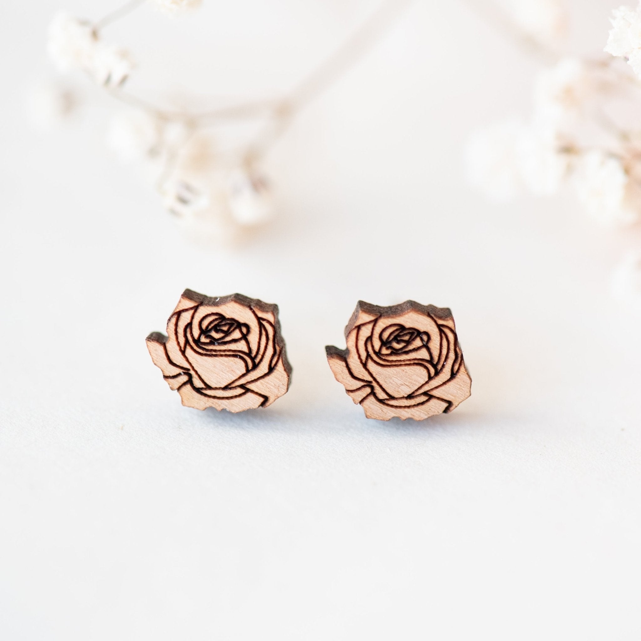 Rose Cherry Wood Stud Earrings - EO14035 - Robin Valley Official Store